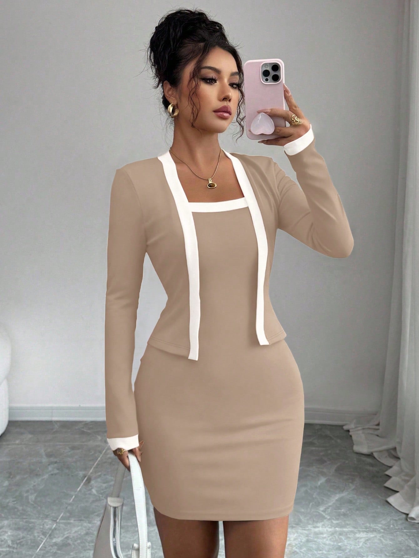 Women’s Woven Fabric Mini Dress, Long Sleeve Simple Design, 2 In 1 Style, 1 Piece, For Everyday Wear