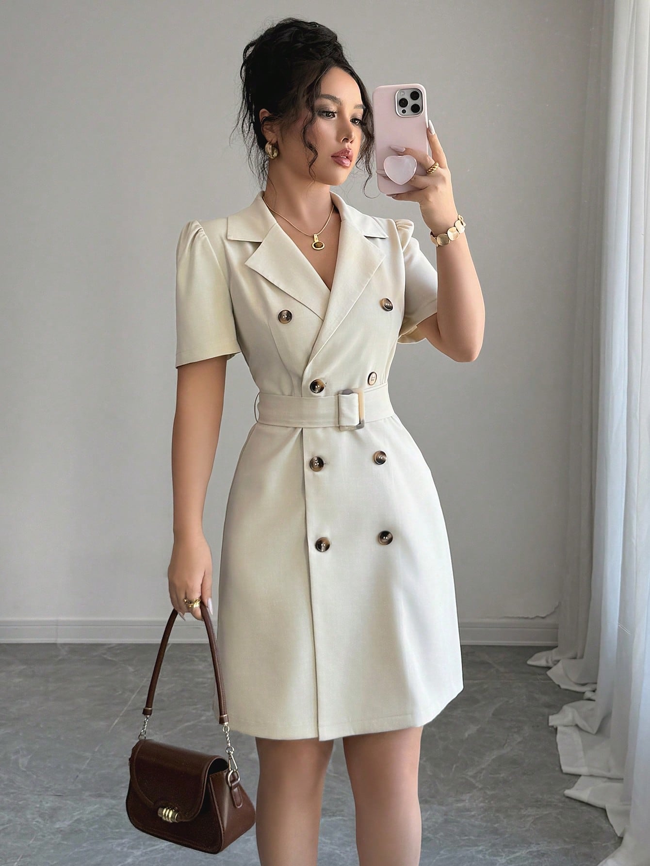 Mandarin Collar Dress with Cinched Waist Double Breasted Front and Puff Sleeves for Daily Wear