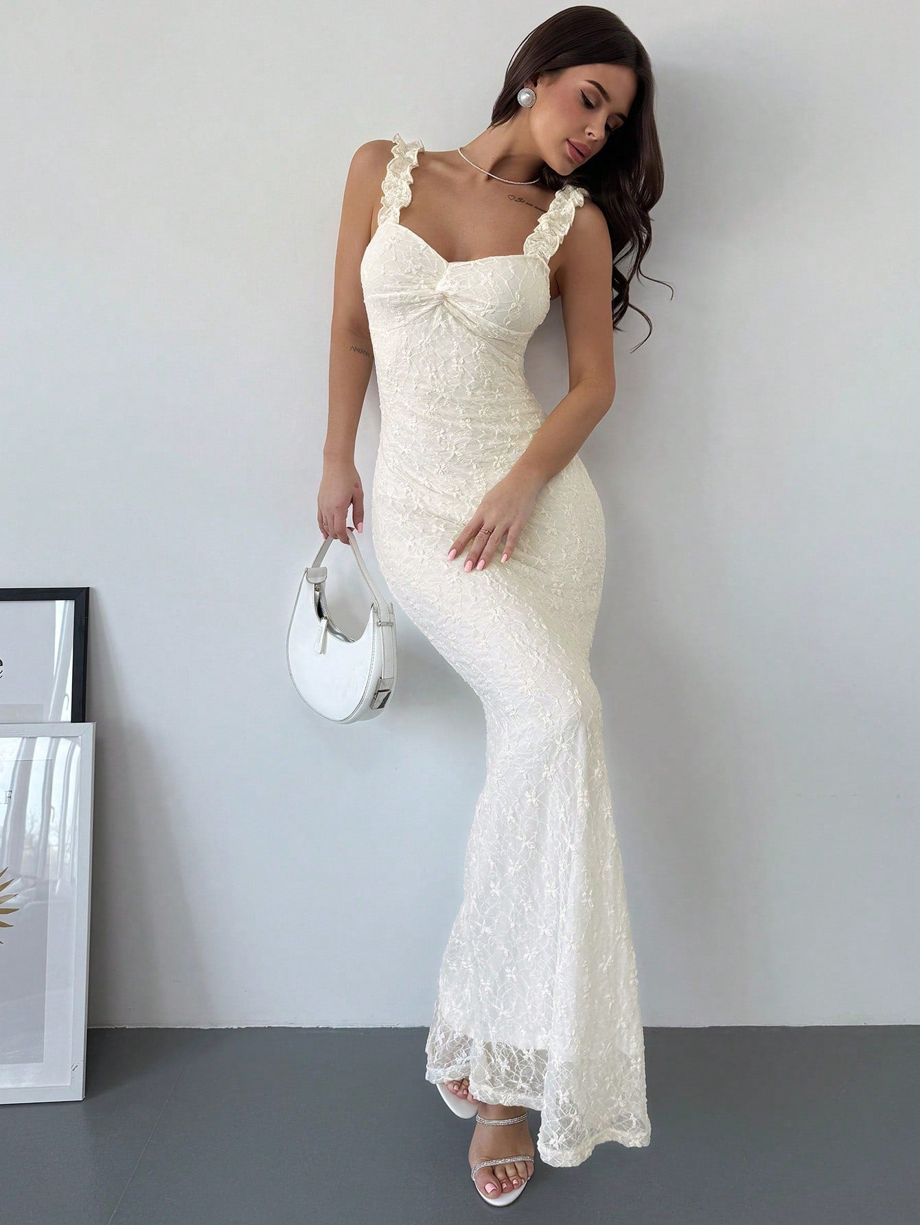 White Lace Ruffle Shoulder Strap Bodycon Long Dress for Daily, Date Night, Holiday, and Wedding Events