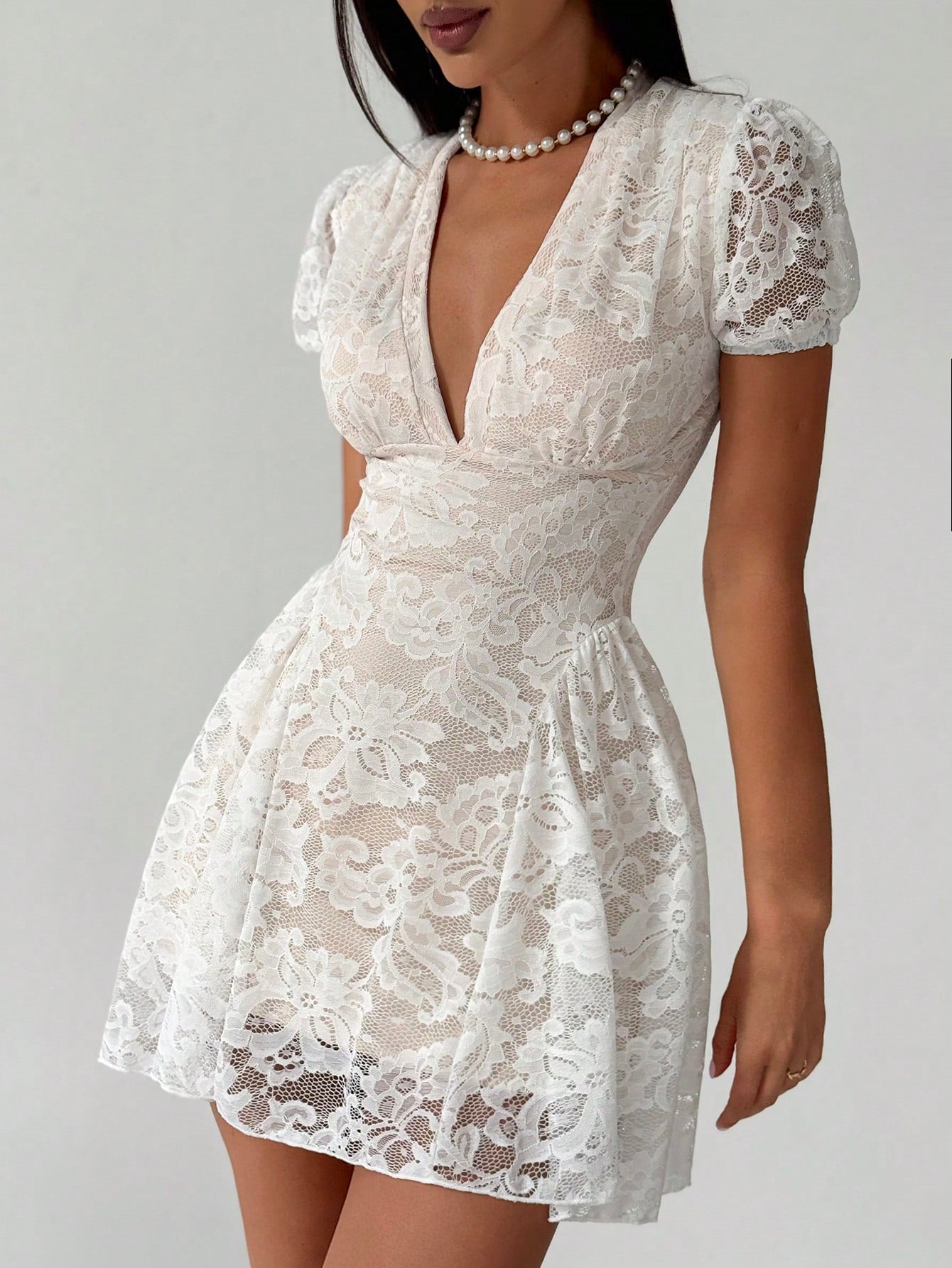 Women’s Woven Fabric Mini Dress, V-Neck Design with Puff Sleeve and Lace Detail, 1 Piece, For Spring and Summer Wear