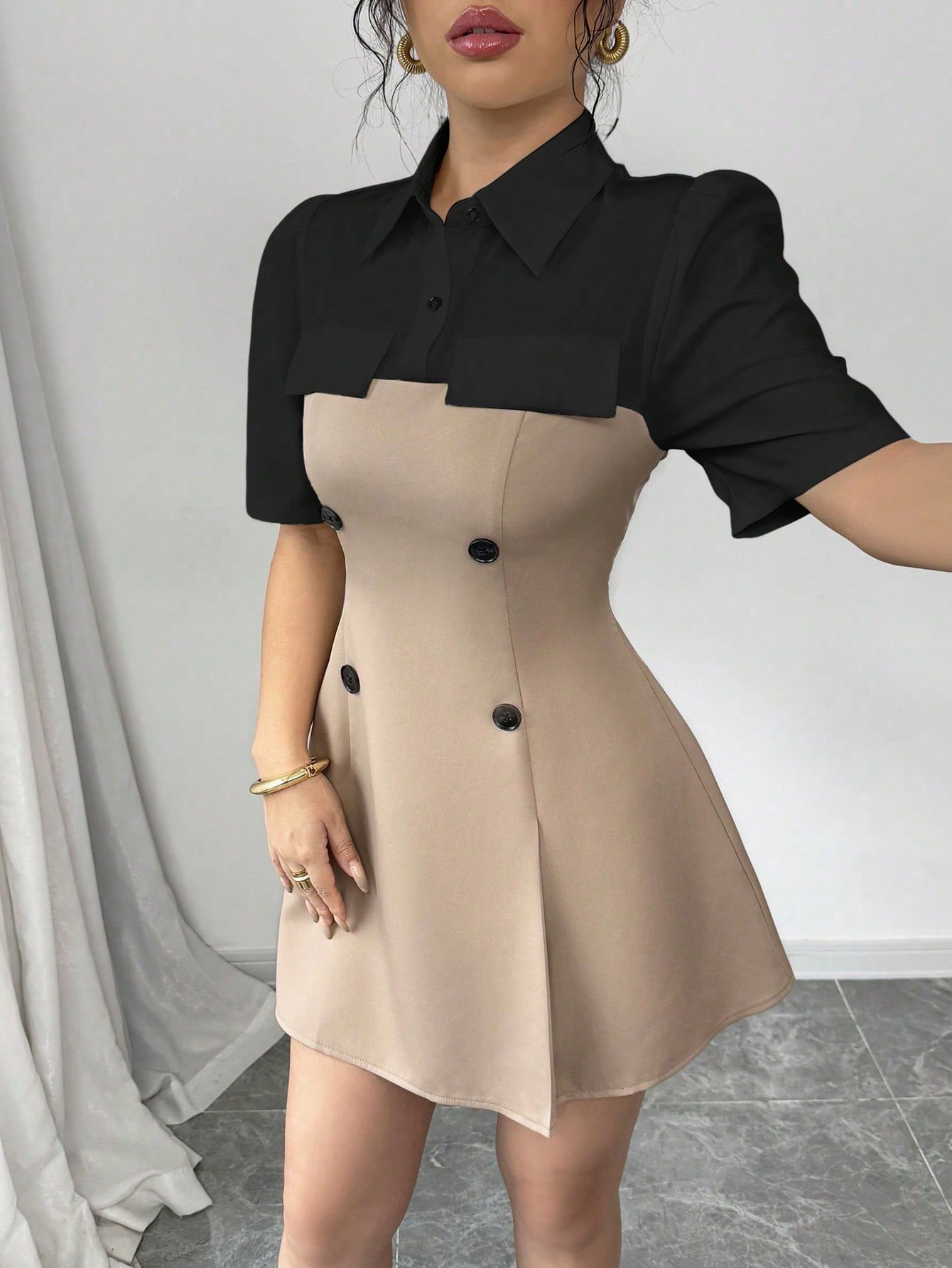 Women’s Woven Fabric Shirt-Style Dress, Short Sleeve Button Front Design, Color Block Detail, 2 In 1 Style, 1 Piece, For Daily Wear