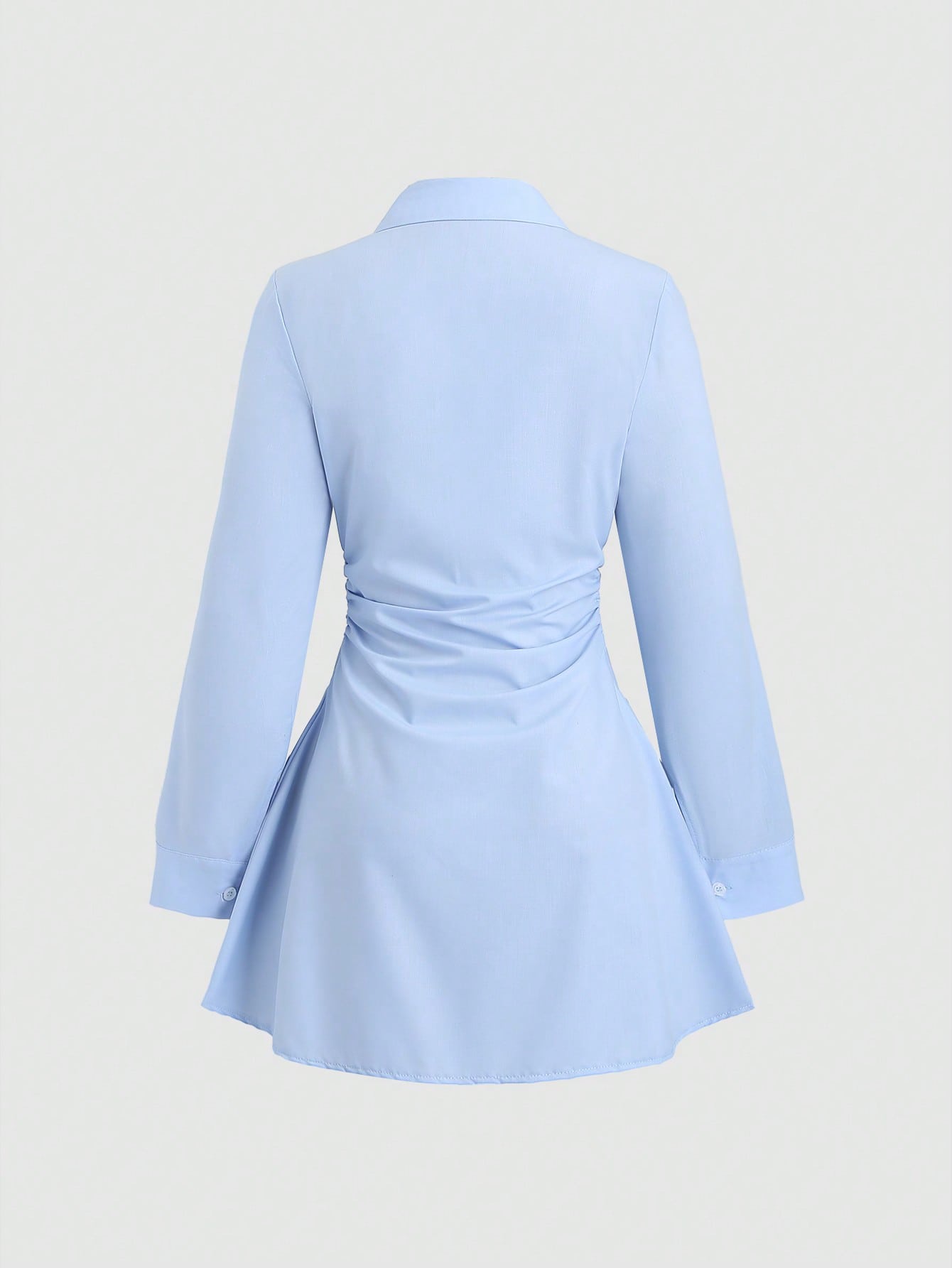 Women’s Woven Fabric Shirt Dress, Long Sleeve Design with Ruched Detail, Solid Pattern, 1 Piece, For Autumn Wear