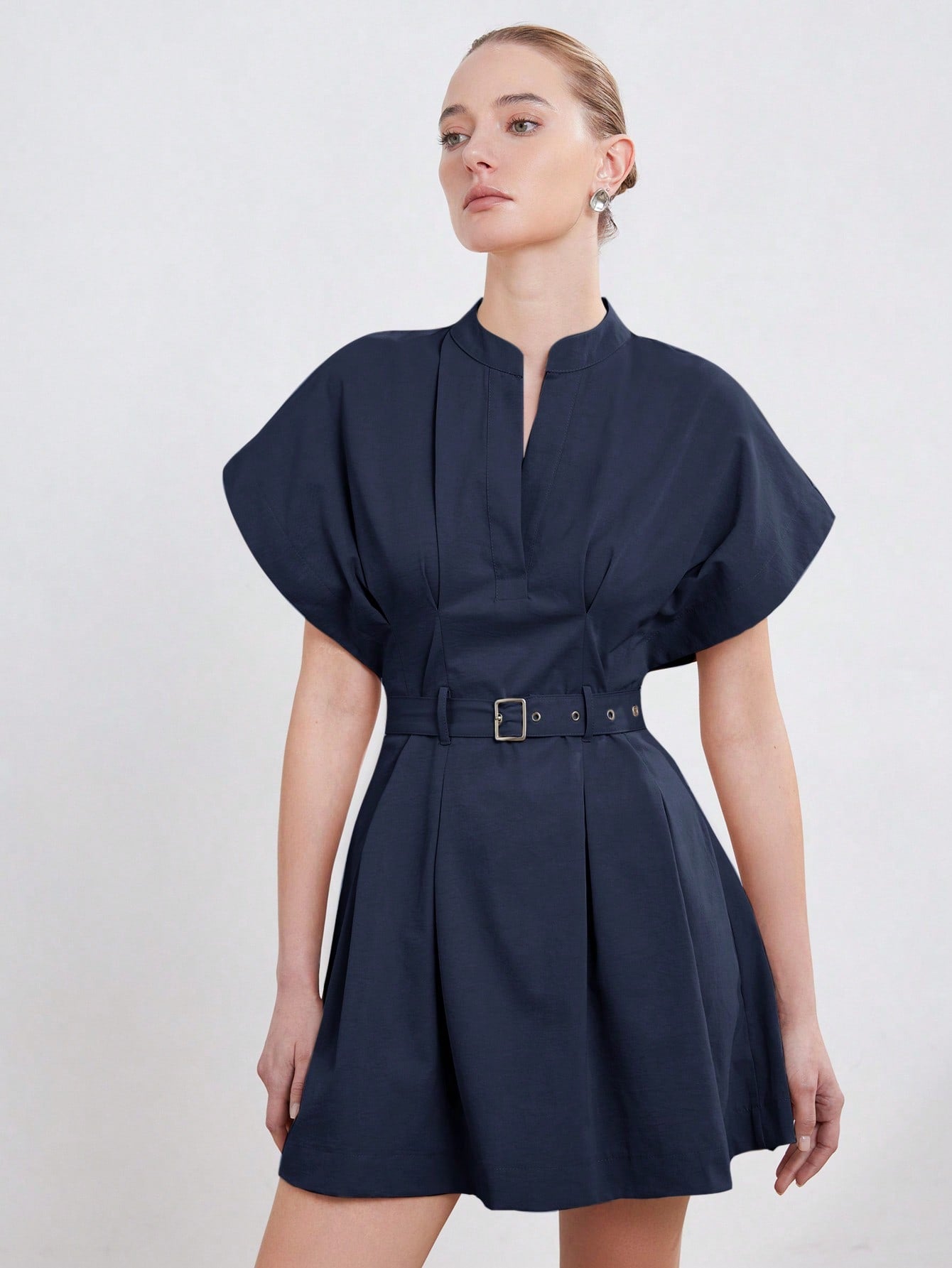 Women’s Woven Fabric A-Line Dress, Stand Collar Round Neck Design, Cap Sleeve Style with Ruched Detail and Belt, 1 Piece, For Commuting and Daily Wear