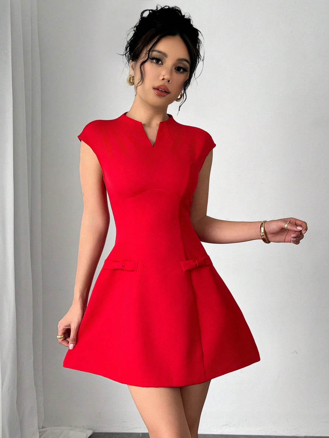 Women’s Woven Fabric A-Line Dress, Cap Sleeve Design, Bow Detail, 1 Piece, For Daily Wear