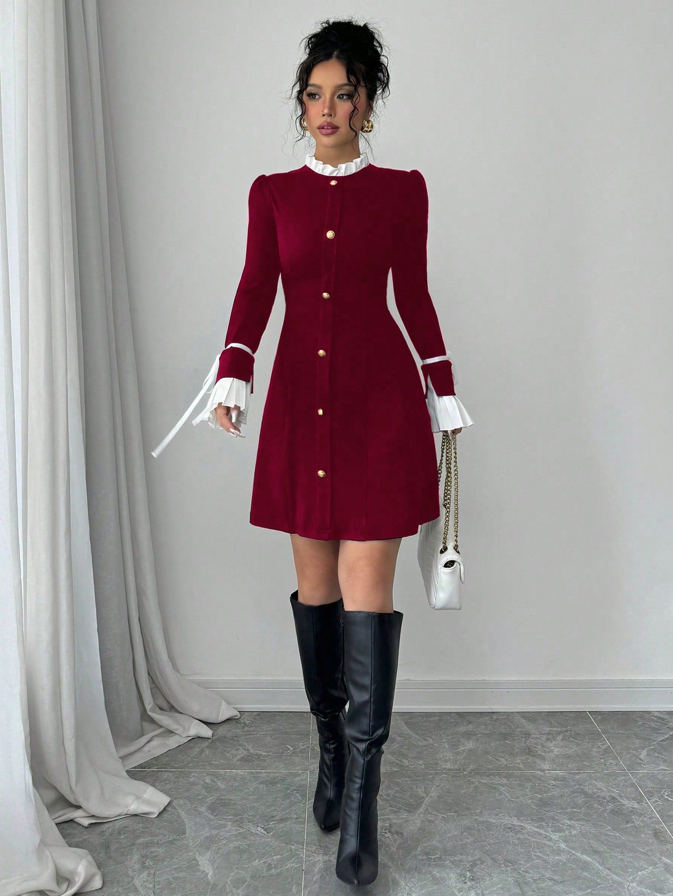 Women’s Woven Fabric Long Sleeve Dress, Collar and Cuff Splicing Detail with Bow Accent, 1 Piece, For Cooler Season Wear