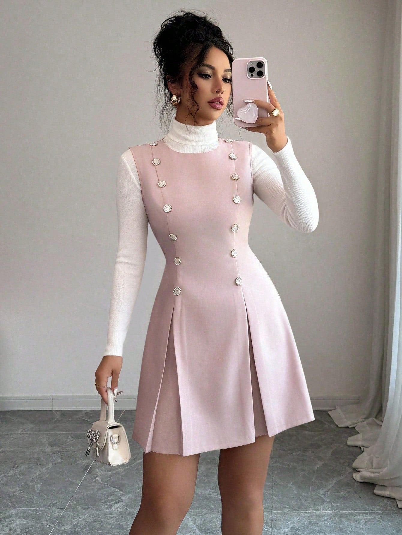 Women’s Woven Fabric Mini Skirt, Button Front Design, Tie Waist Detail, Decorative Buckle Accent, 1 Piece, For Daily Wear