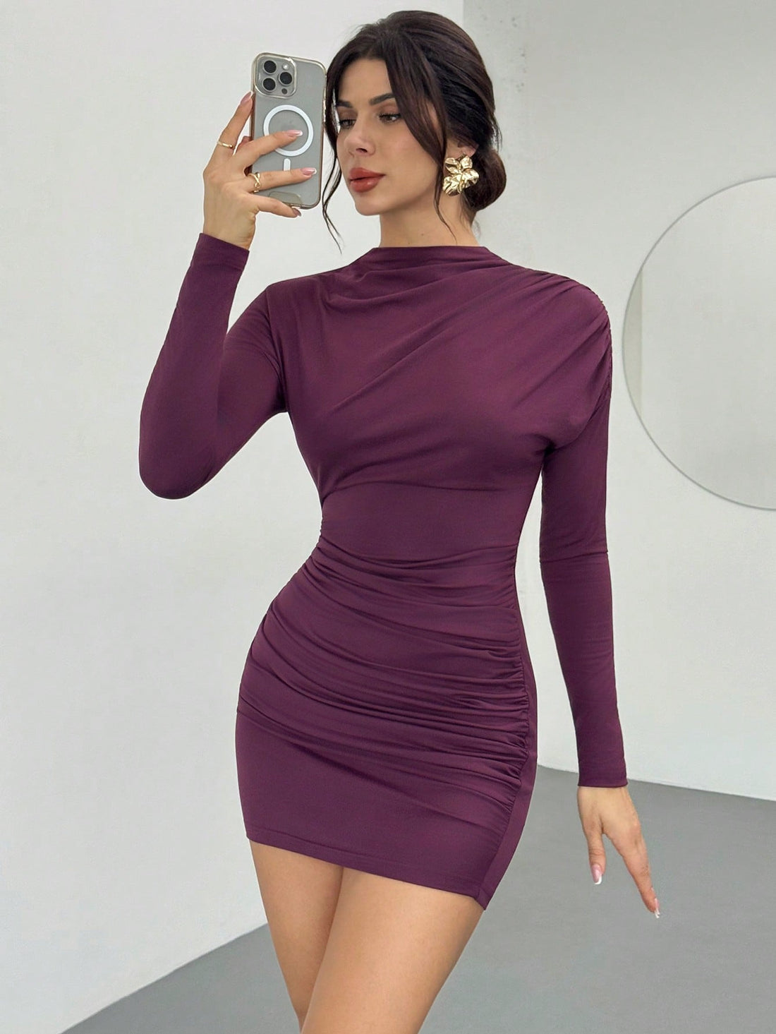 Women’s Woven Fabric Mini Dress, Long Sleeve Design with Ruched Detail, Solid Pattern, 1 Piece, For Daily Wear