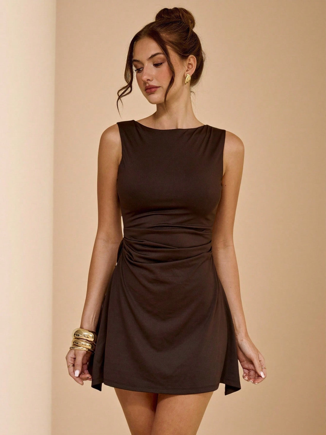 Women’s Woven Fabric Sleeveless Mini Dress, Ruched Detail, Solid Pattern, 1 Piece, For Everyday Wear