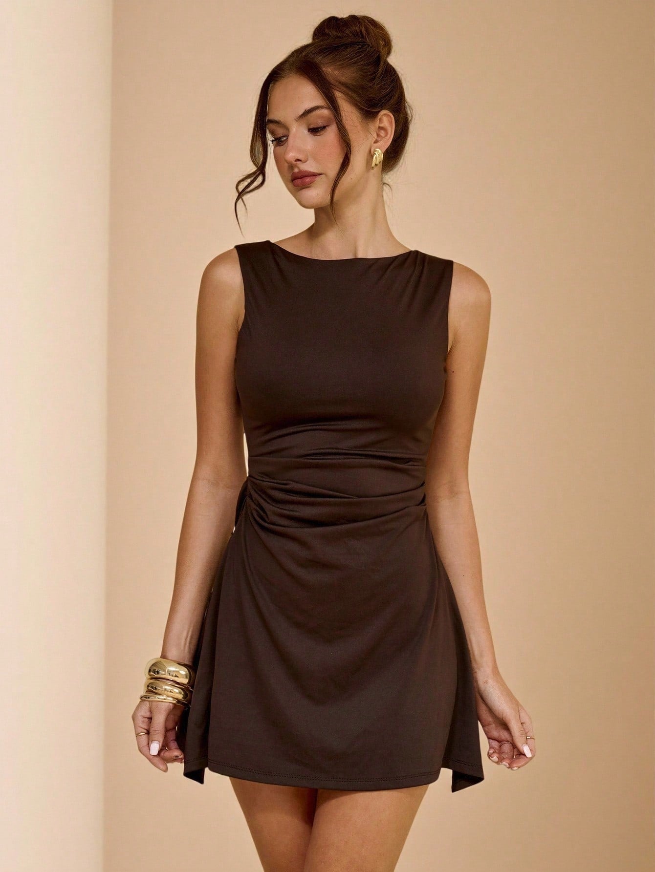 Women’s Woven Fabric Sleeveless Mini Dress, Ruched Detail, Solid Pattern, 1 Piece, For Everyday Wear