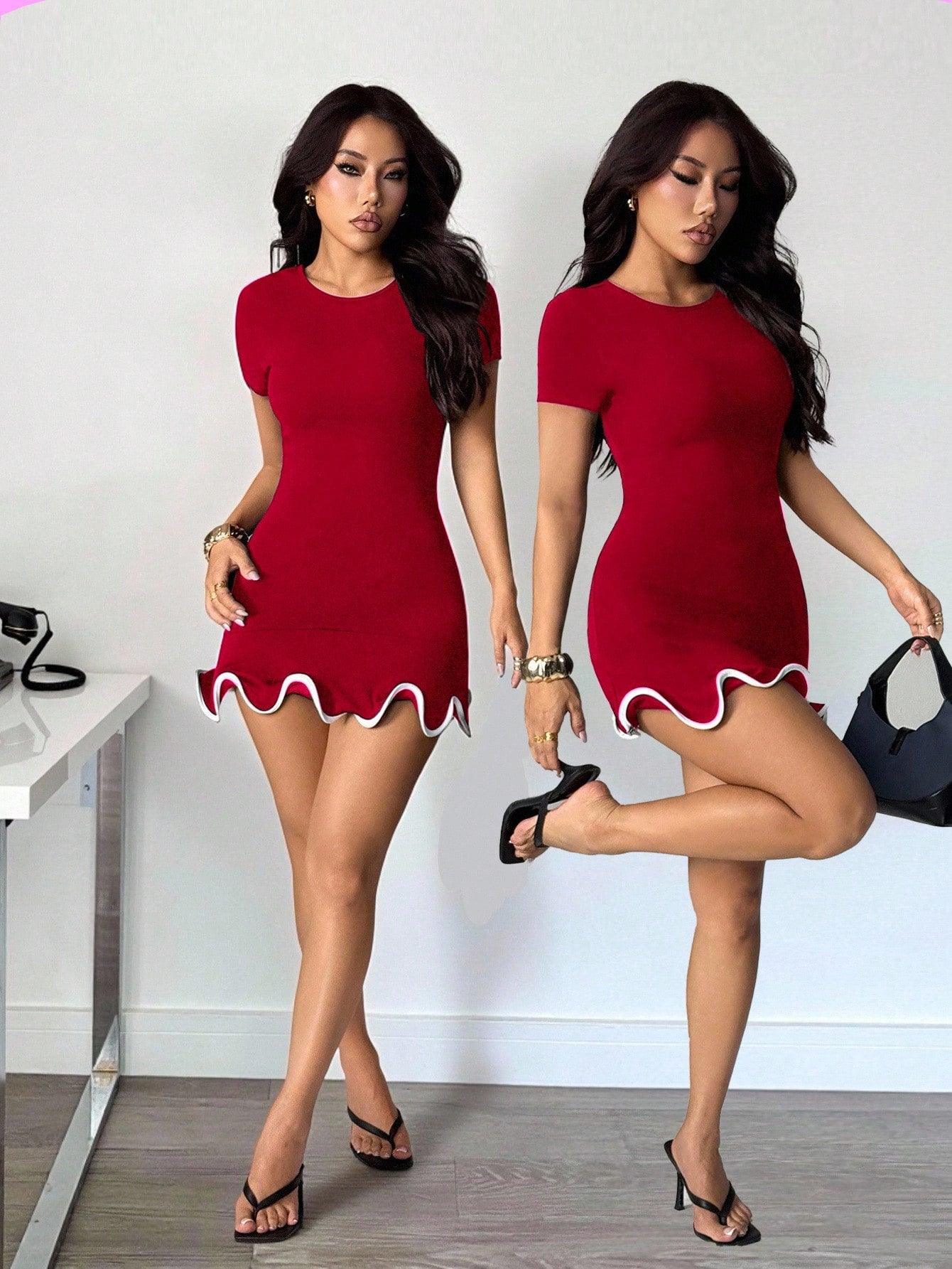 Women’s Knit Fabric Mini Dress, Round Neck Design with Ruffle Hem Detail, 1 Piece, For Daily Wear