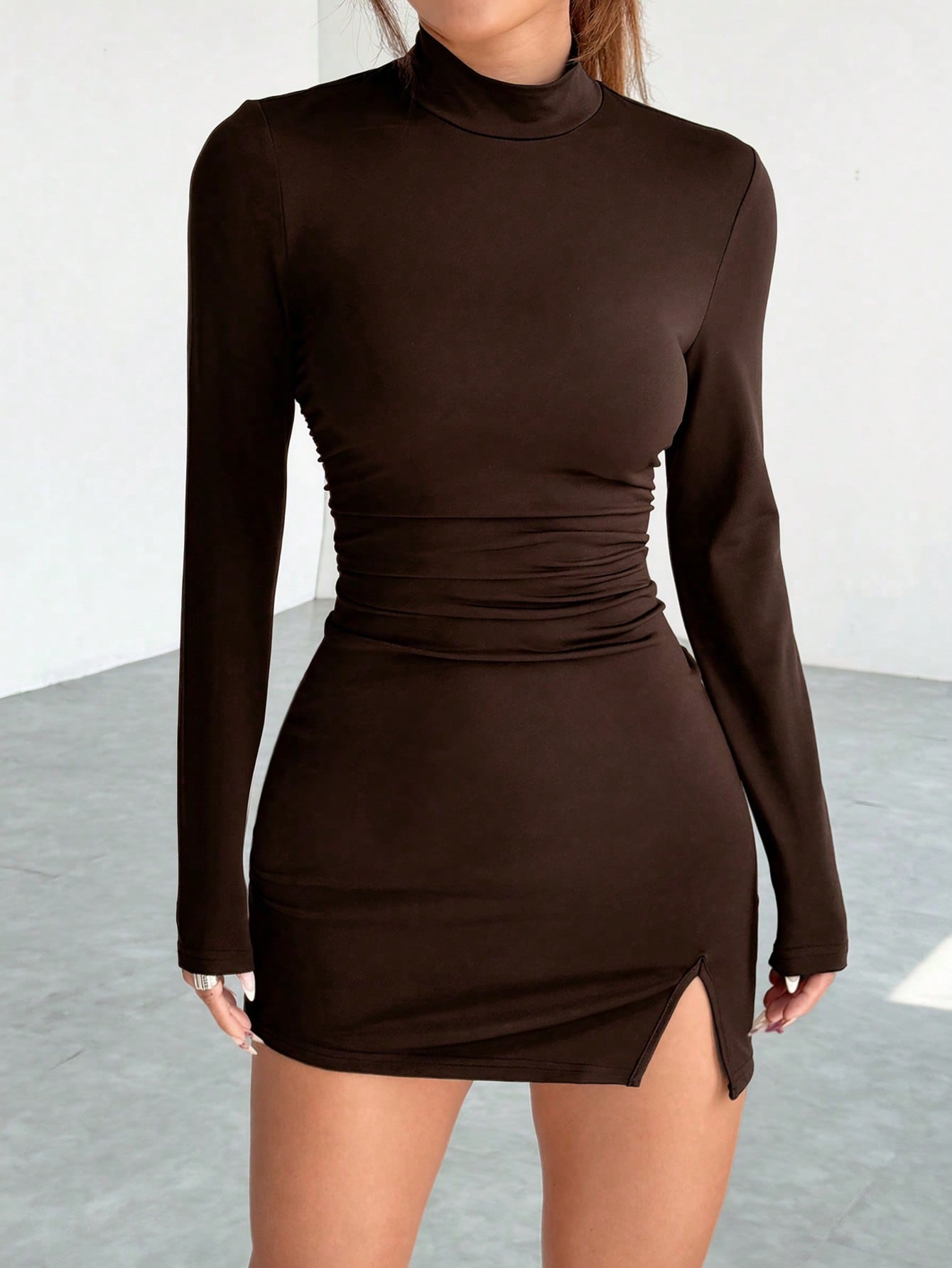 Solid Color Mini Dress Neutral Color Single Piece Long Sleeve Pleated Design For Daily Styling
