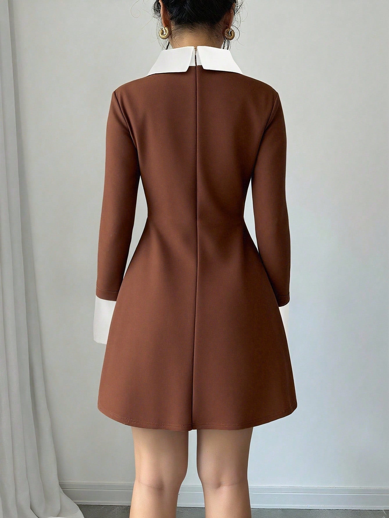 Women’s Woven Fabric Short Dress, Collared Long Sleeve Design with Cuff Detail and Faux Pocket, Color Block Pattern, 1 Piece, For Autumn Wear