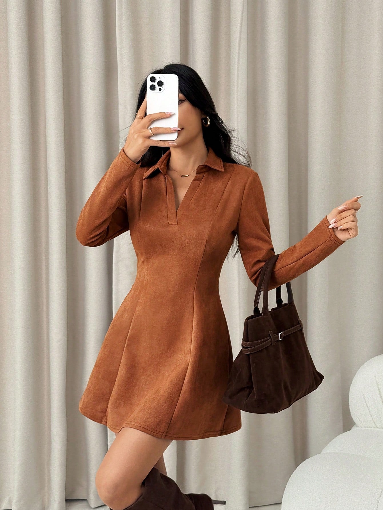 Women’s Suede-Style Fabric Short Dress, Long Sleeve Collared Design, A-Line Silhouette, 1 Piece, For Autumn Wear