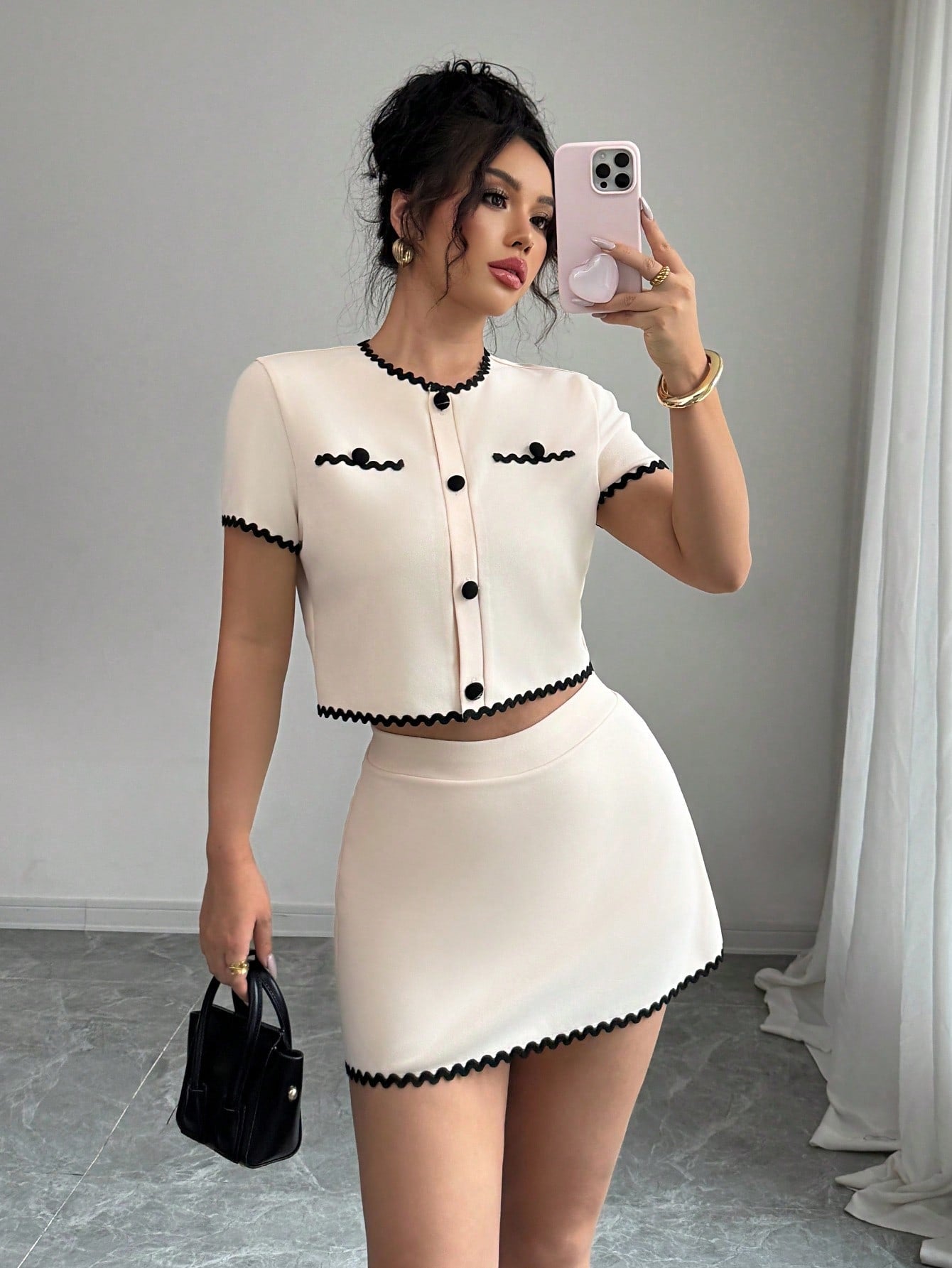 Women’s Two-Piece Set, Short Sleeve Button Top and Matching Skirt, Contrast Trim Detail, 2 Pieces, For Everyday Wear