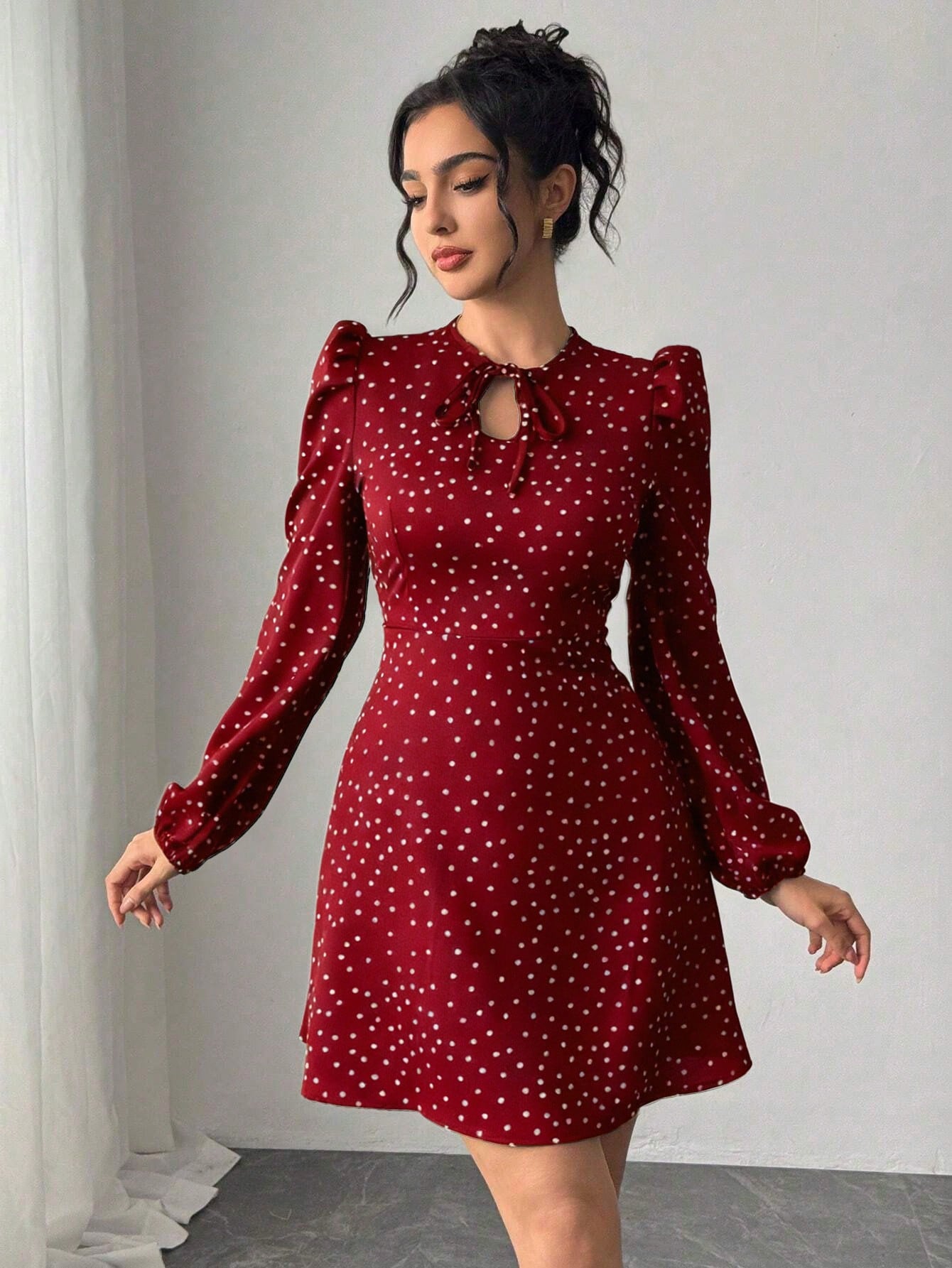 Women’s Woven Fabric Dress, Long Sleeve Design with Bow Detail, Polka Dot Pattern, 1 Piece, For Spring and Autumn Wear