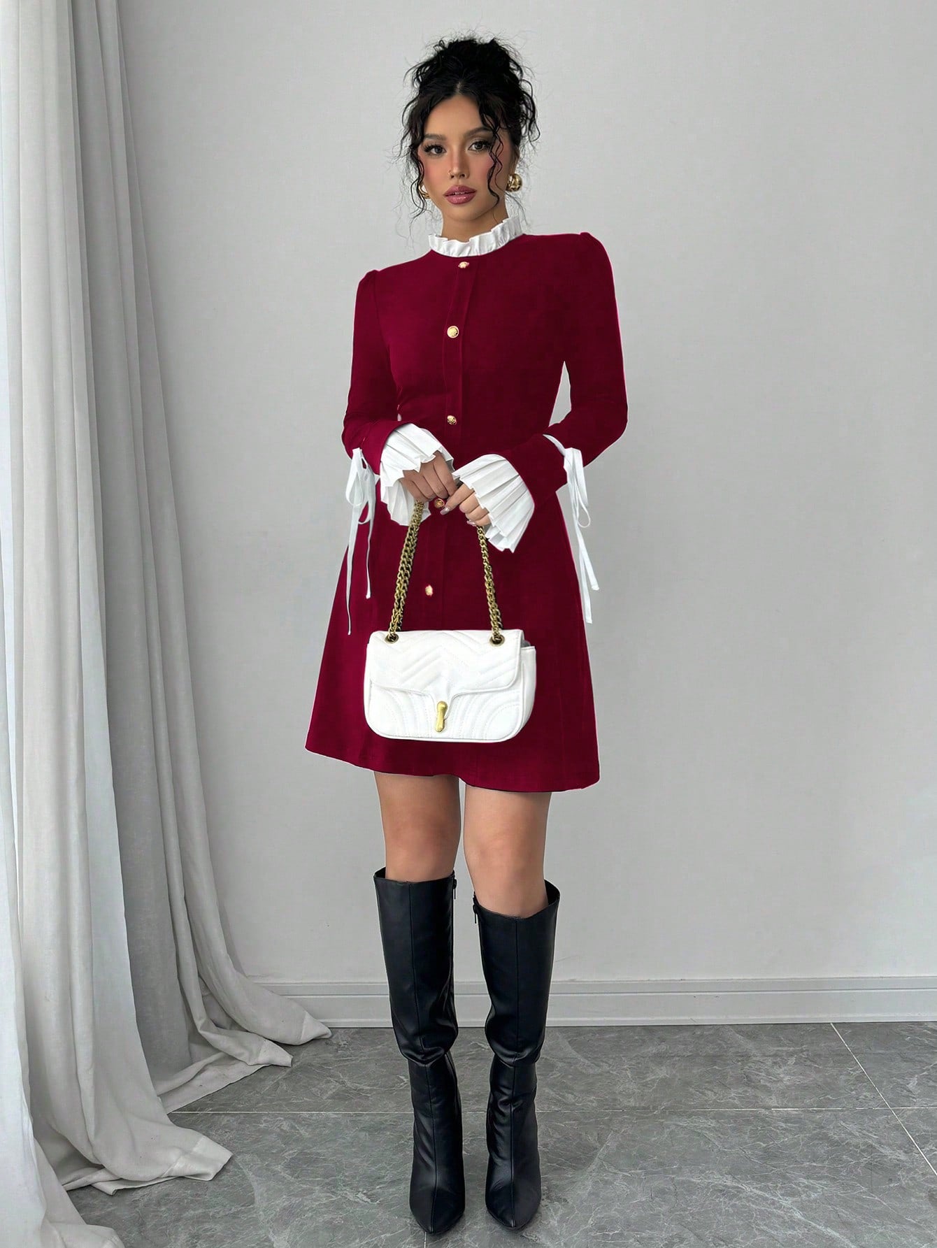 Women’s Woven Fabric Long Sleeve Dress, Collar and Cuff Splicing Detail with Bow Accent, 1 Piece, For Cooler Season Wear