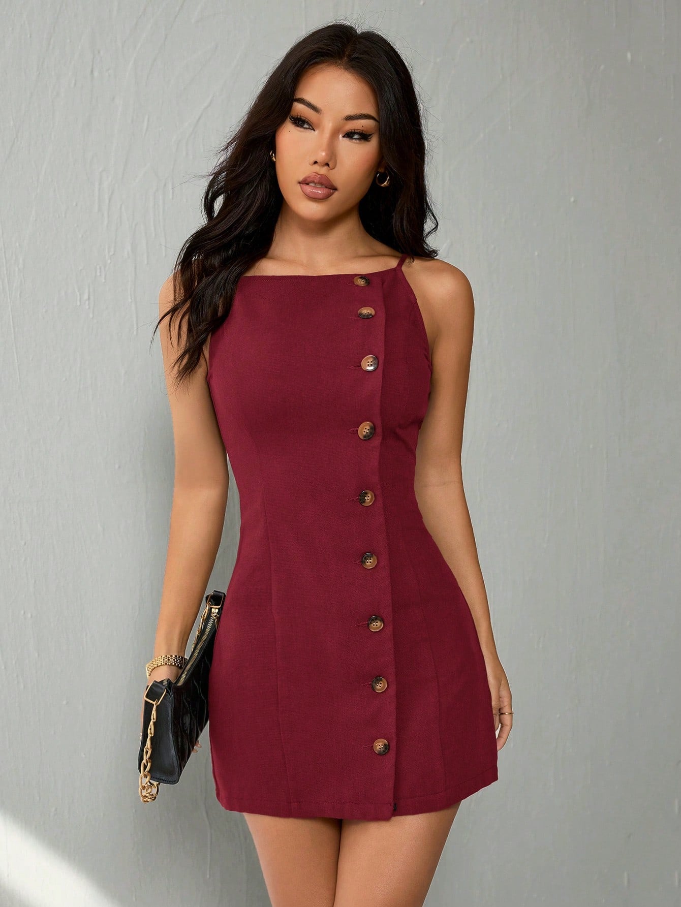 Women’s Woven Fabric Strap Mini Dress, Front Button Design, Solid Pattern, 1 Piece, For Casual and Daily Wear