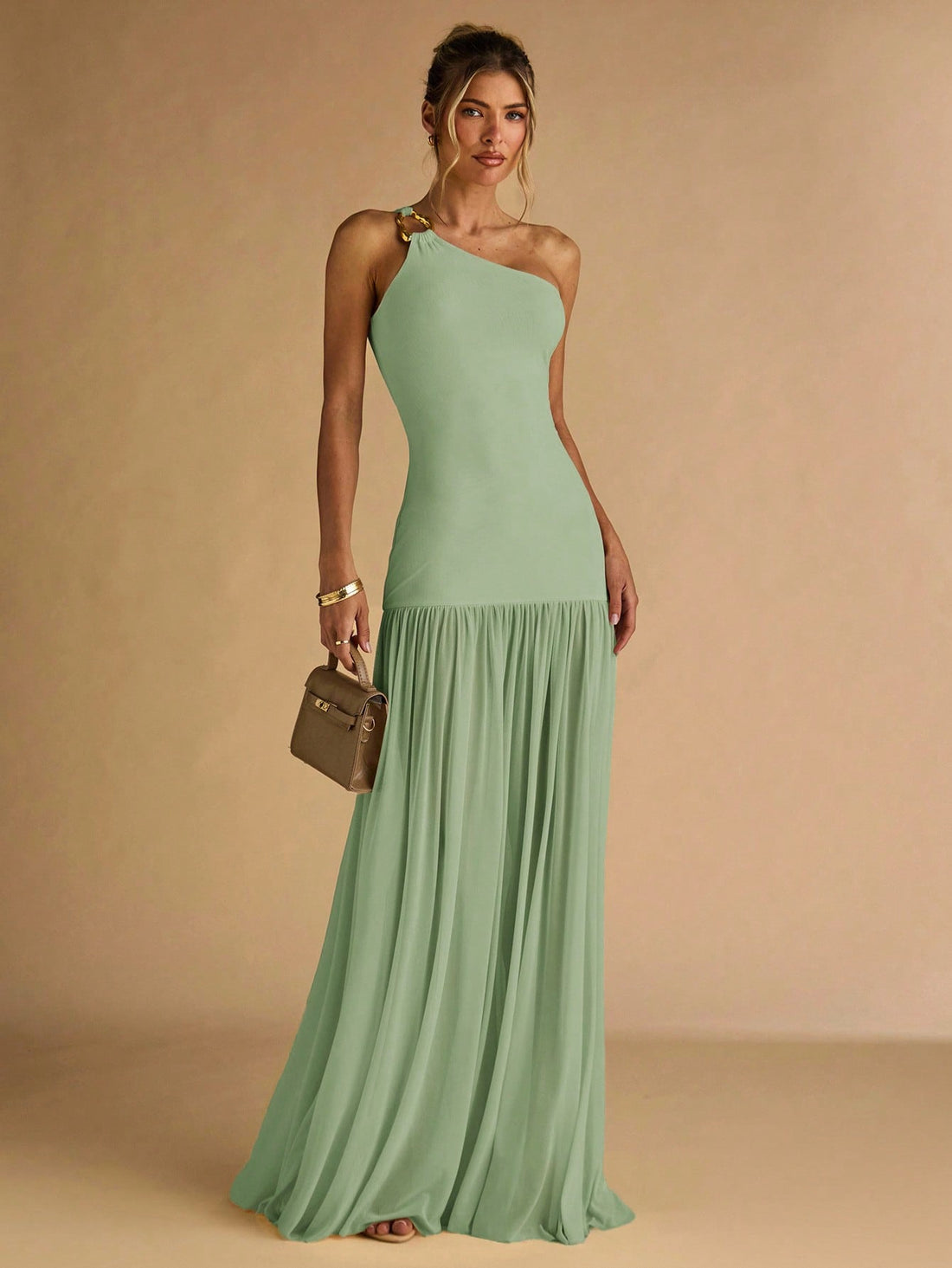 Asymmetric Shoulder Bodycon Dress with Metal Buckle Detail and Sheer Hem for Fall Wedding Guest Occasions