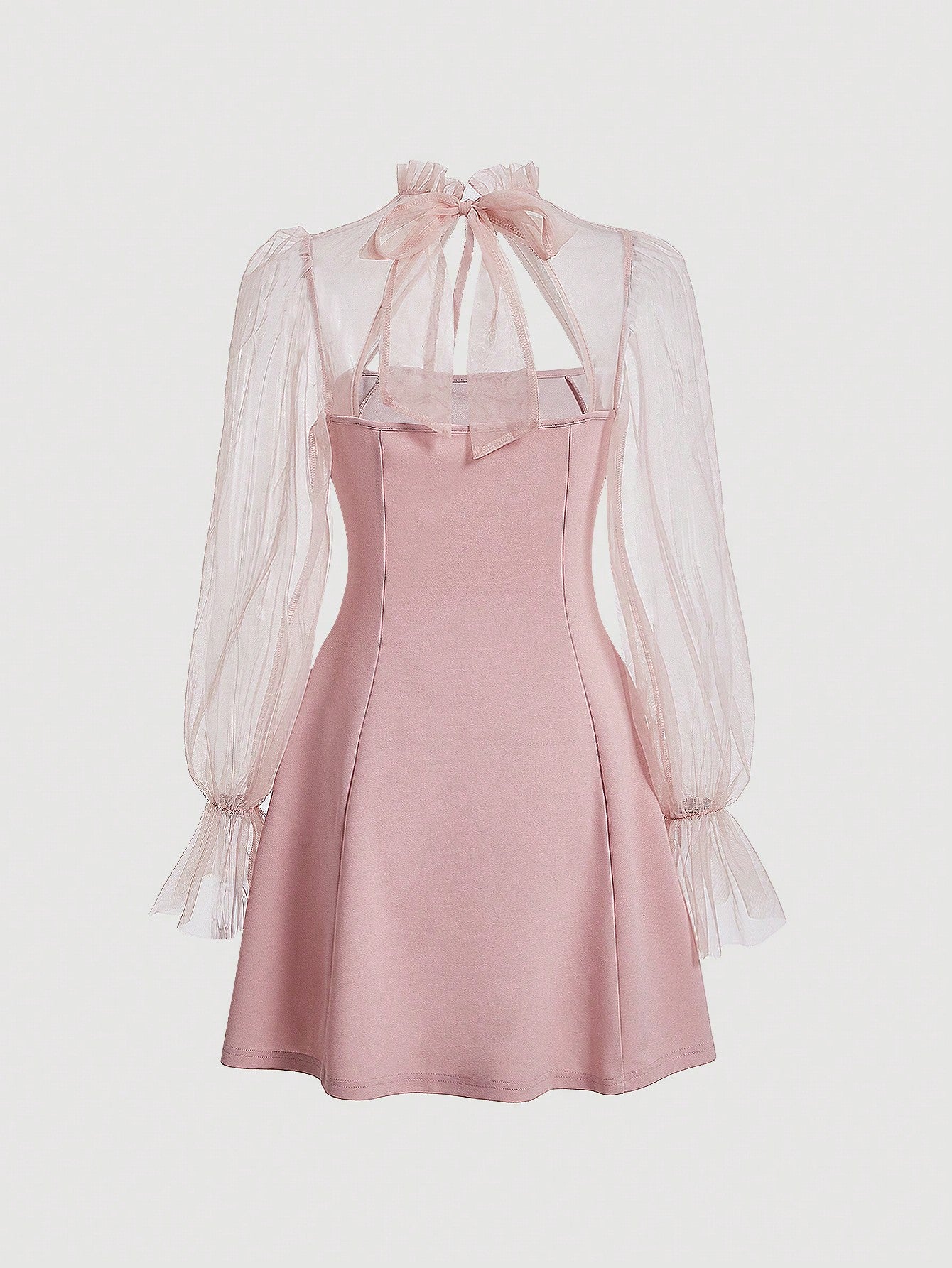 Black Long Sleeve Dress with Contrast Mesh Detail Flare Sleeves Tie Neck and High Collar Design