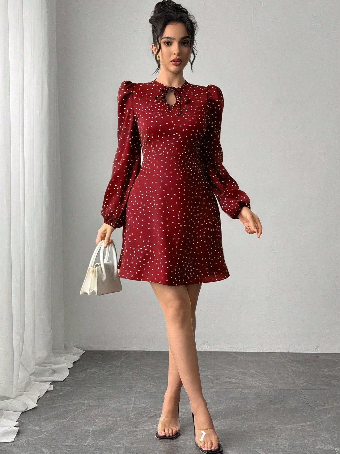 Women’s Woven Fabric Dress, Long Sleeve Design with Bow Detail, Polka Dot Pattern, 1 Piece, For Spring and Autumn Wear