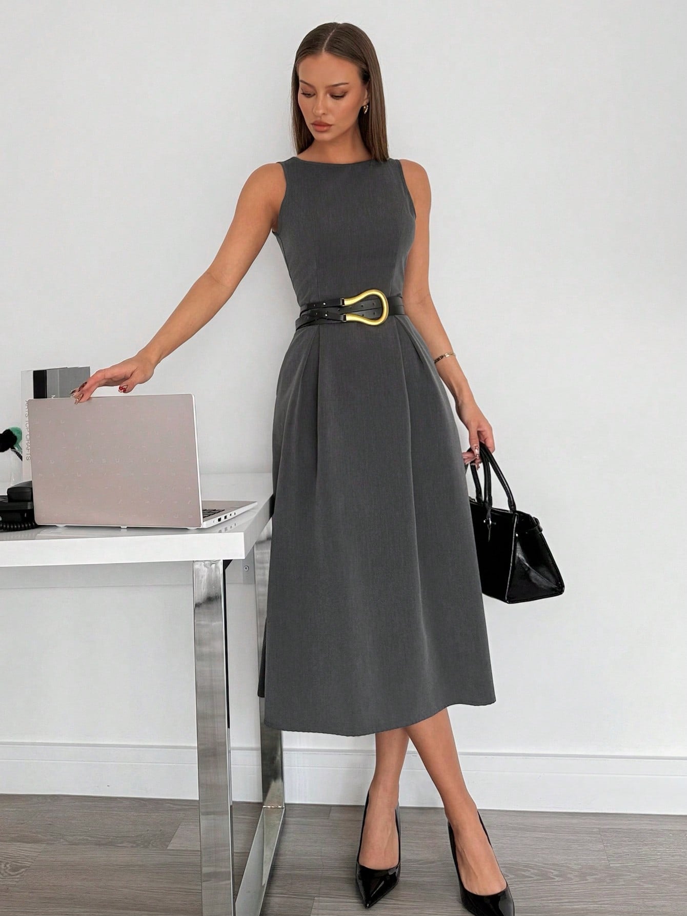 Women’s Woven Fabric Midi Dress, Sleeveless A-Line Design with Pocket Detail, 1 Piece, For Business Casual Wear