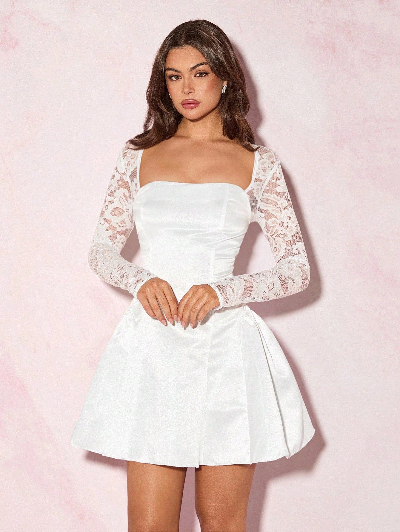 Elegant Satin Long Sleeve A-Line Mini Dress with Lace Sleeves, Tie Backless Design, and Pleated Hem for Party and Evening Occasions