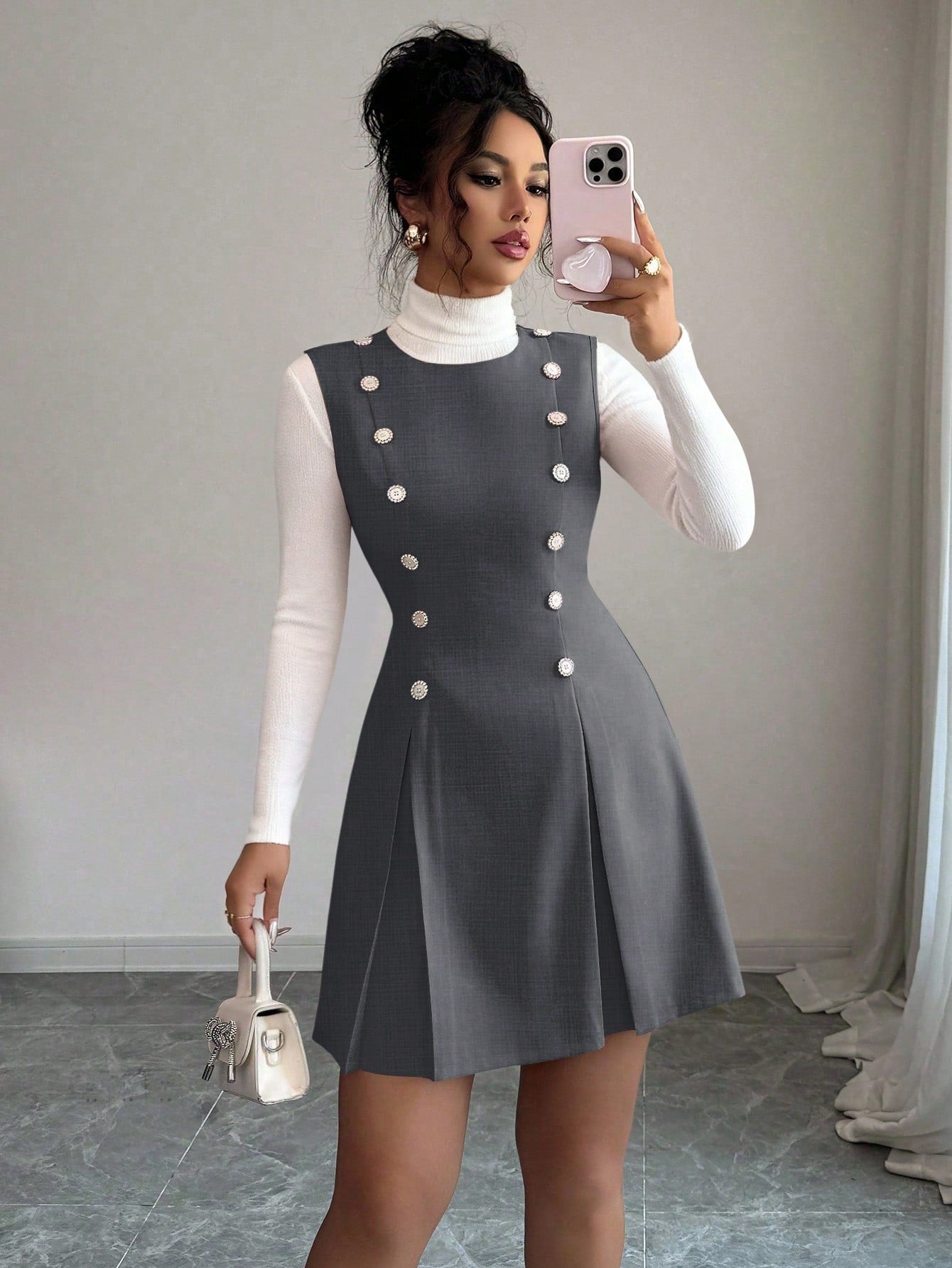 Women’s Woven Fabric Mini Skirt, Button Front Design, Tie Waist Detail, Decorative Buckle Accent, 1 Piece, For Daily Wear