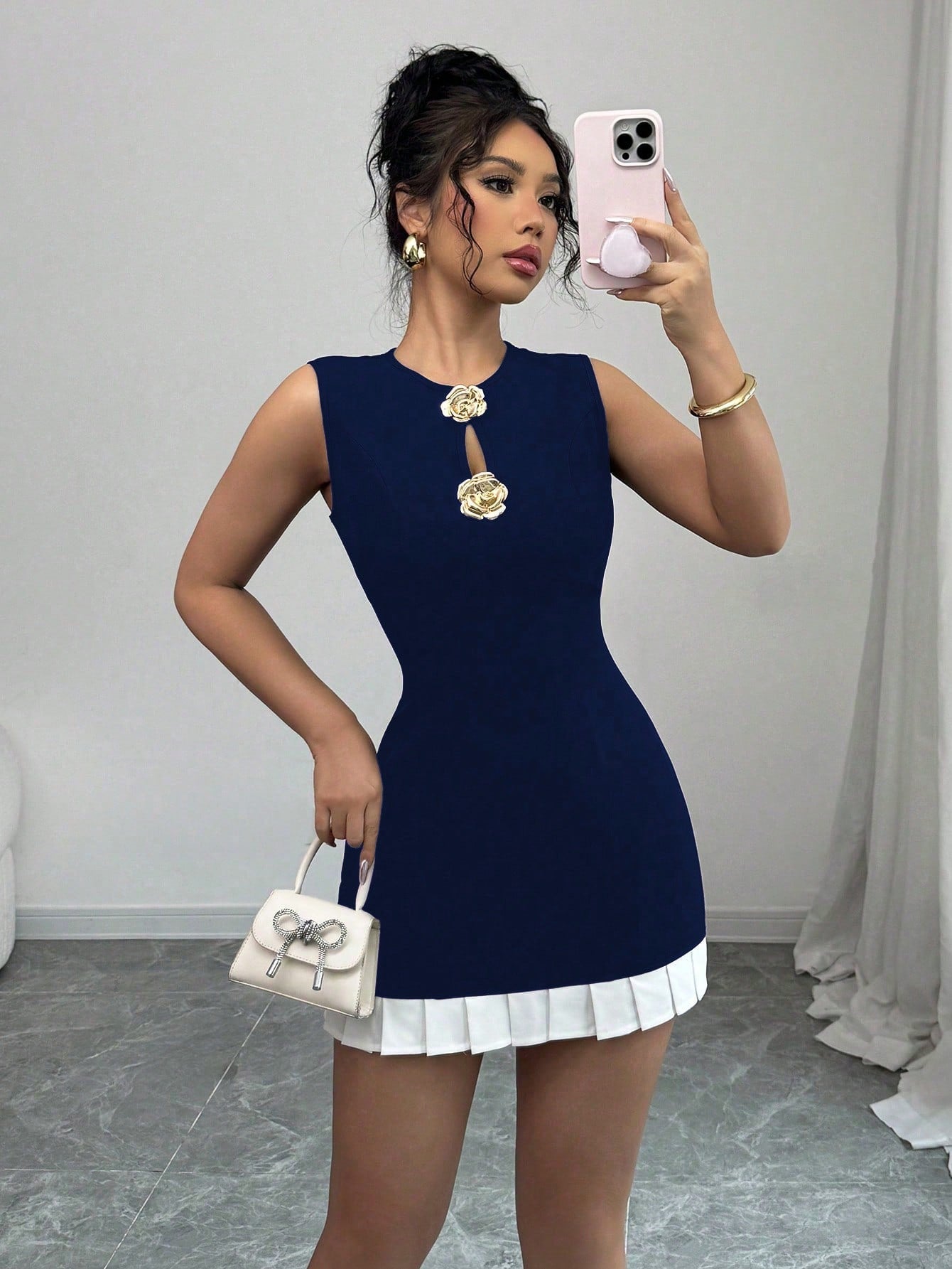 Dress with Metal Buckle Detail and Ruffle Trim Design for Everyday Wear