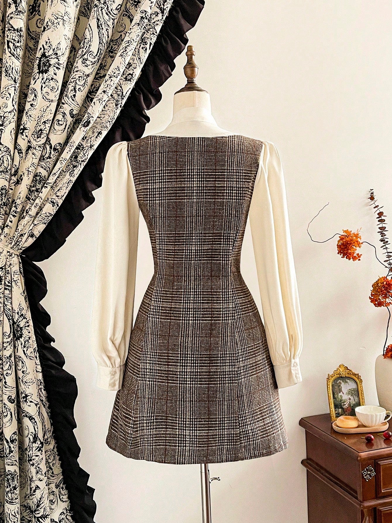 Women’s Woven Fabric Dress, Long Sleeve Collar Design, Plaid Pattern, 2 In 1 Style, 1 Piece, For Autumn and Winter Wear