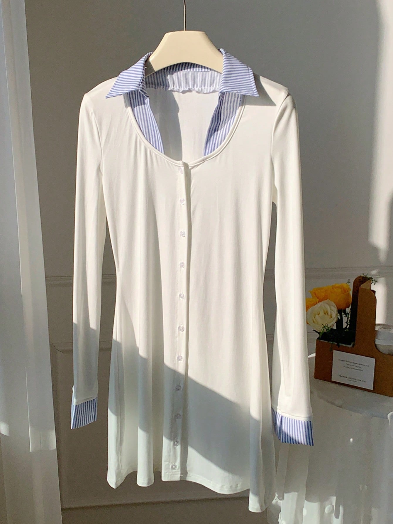 Women’s Woven Fabric Mini Dress, Long Sleeve Button Front, Patchwork Pattern Design, 1 Piece, For Casual Wear