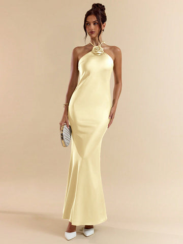 Green Spaghetti Strap Long Satin Mermaid Dress with 3D Floral Decoration for Parties and Formal Occasions