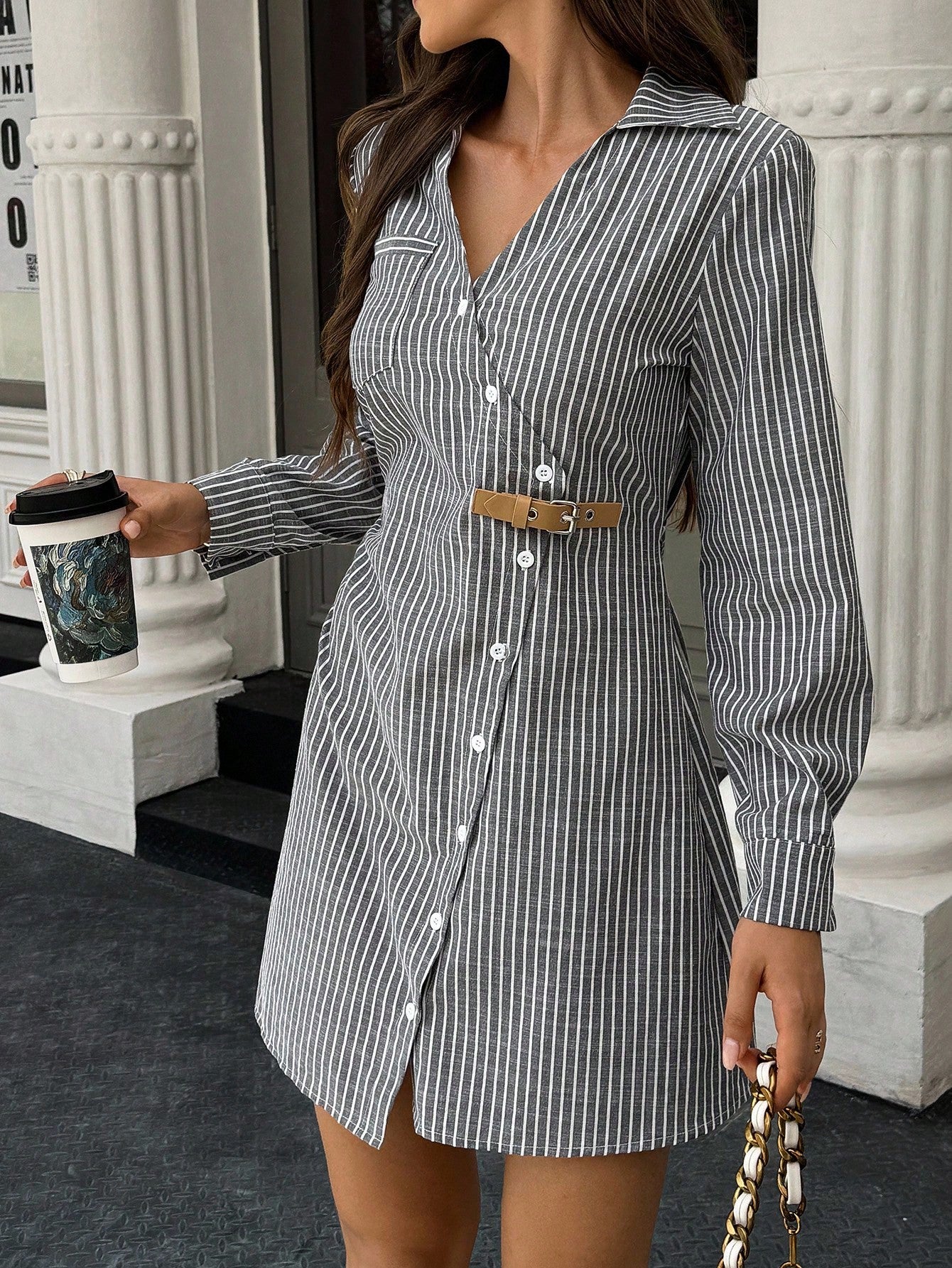 Striped Shirt Dress with Single Breasted Front Long Sleeves and Waist Buckle Detail