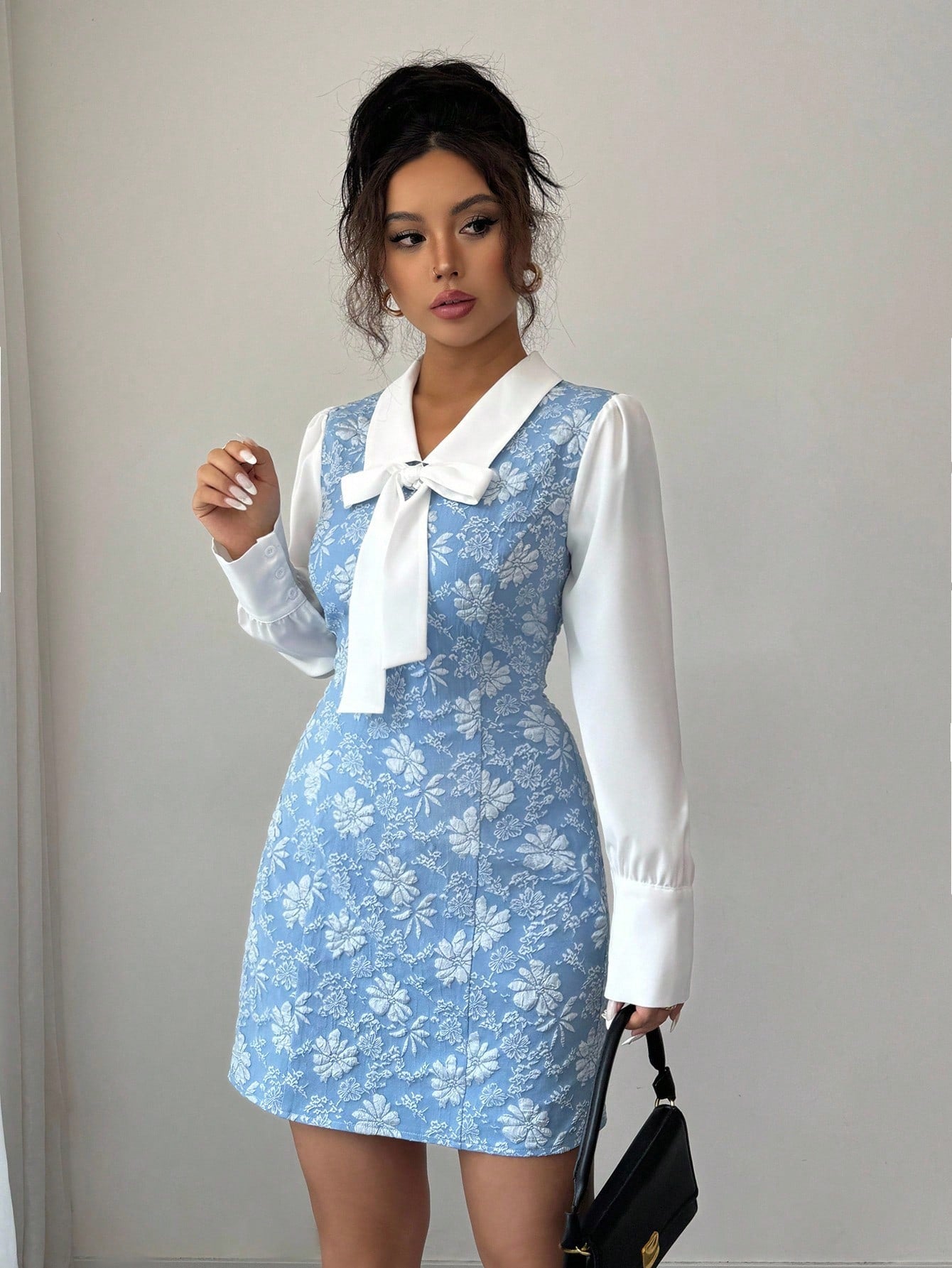 Women’s Woven Fabric Dress, Color Block Patchwork Design with Bow Detail, 2 In 1 Style, 1 Piece, For Daily Wear