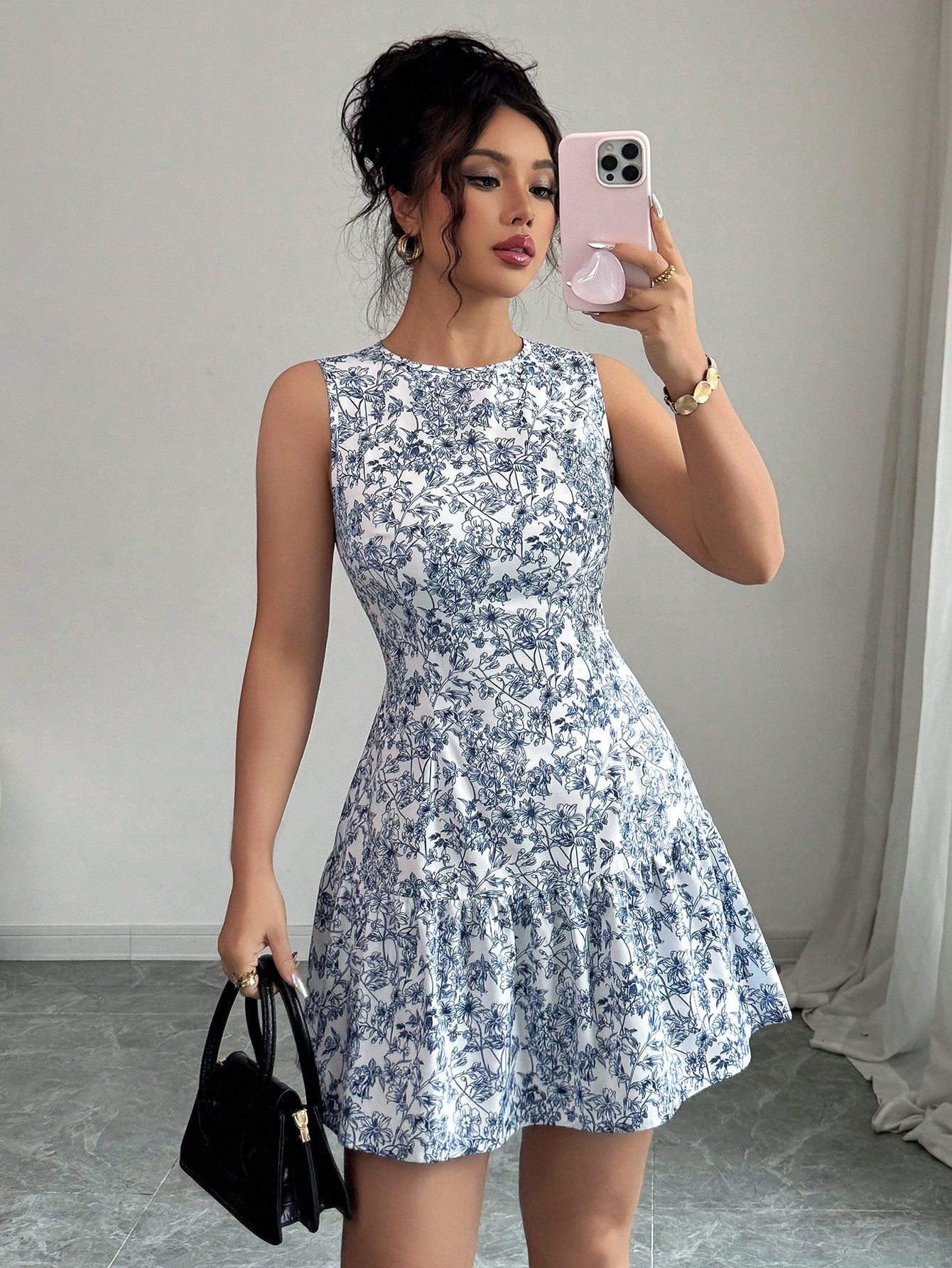 Women’s Woven Fabric Mini Dress, Sleeveless Design with Ruched Waist, Floral Print, 1 Piece, For Daily Wear