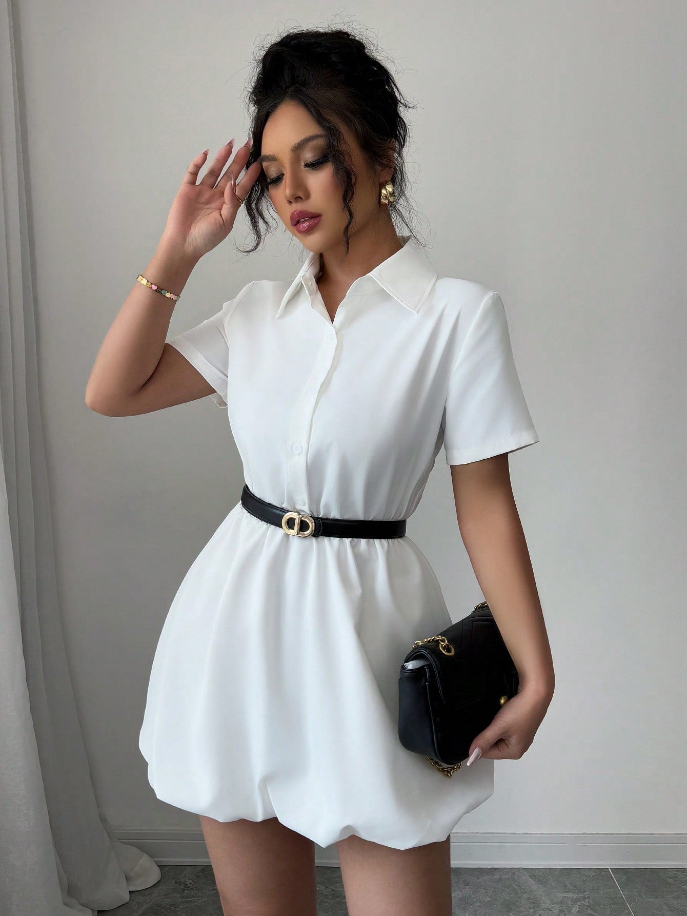 Women’s Woven Fabric Shirt-Style Mini Dress, Short Sleeve Design, Solid Pattern, 1 Piece, For Casual Wear