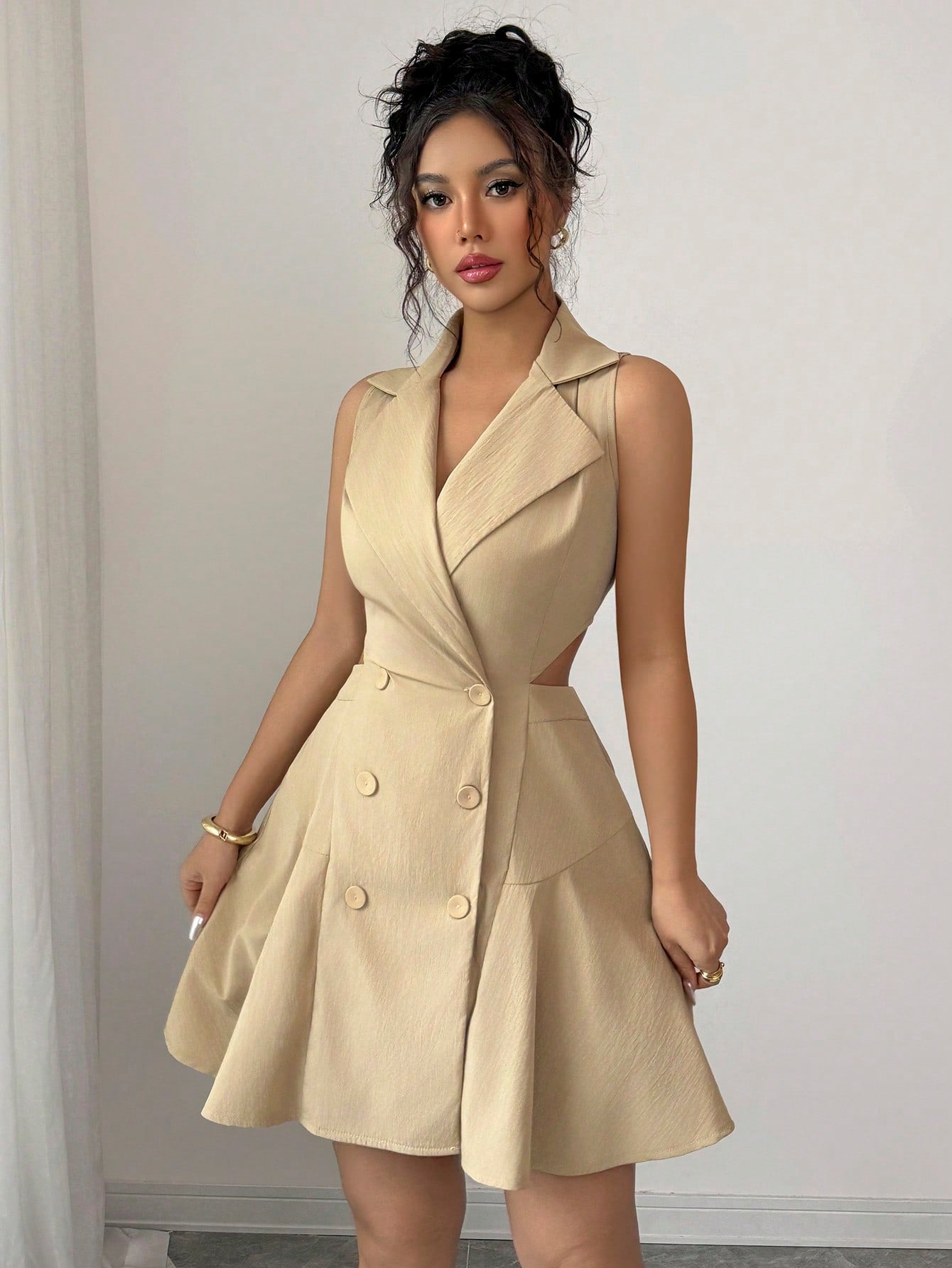 Women’s Woven Fabric Sleeveless Dress, Double Breasted Design, Solid Pattern, 1 Piece, For Commuting and Daily Wear