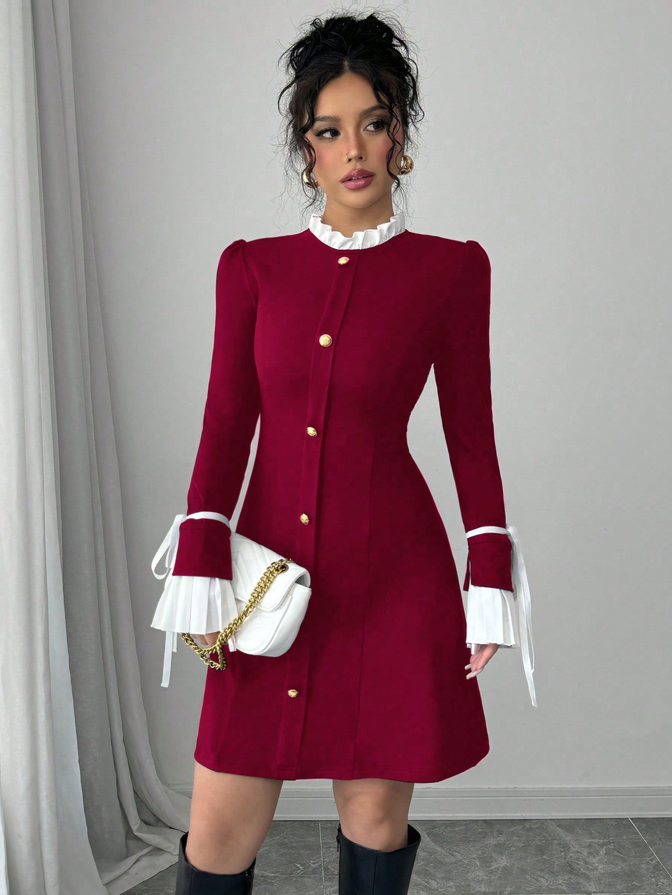 Women’s Woven Fabric Long Sleeve Dress, Collar and Cuff Splicing Detail with Bow Accent, 1 Piece, For Cooler Season Wear