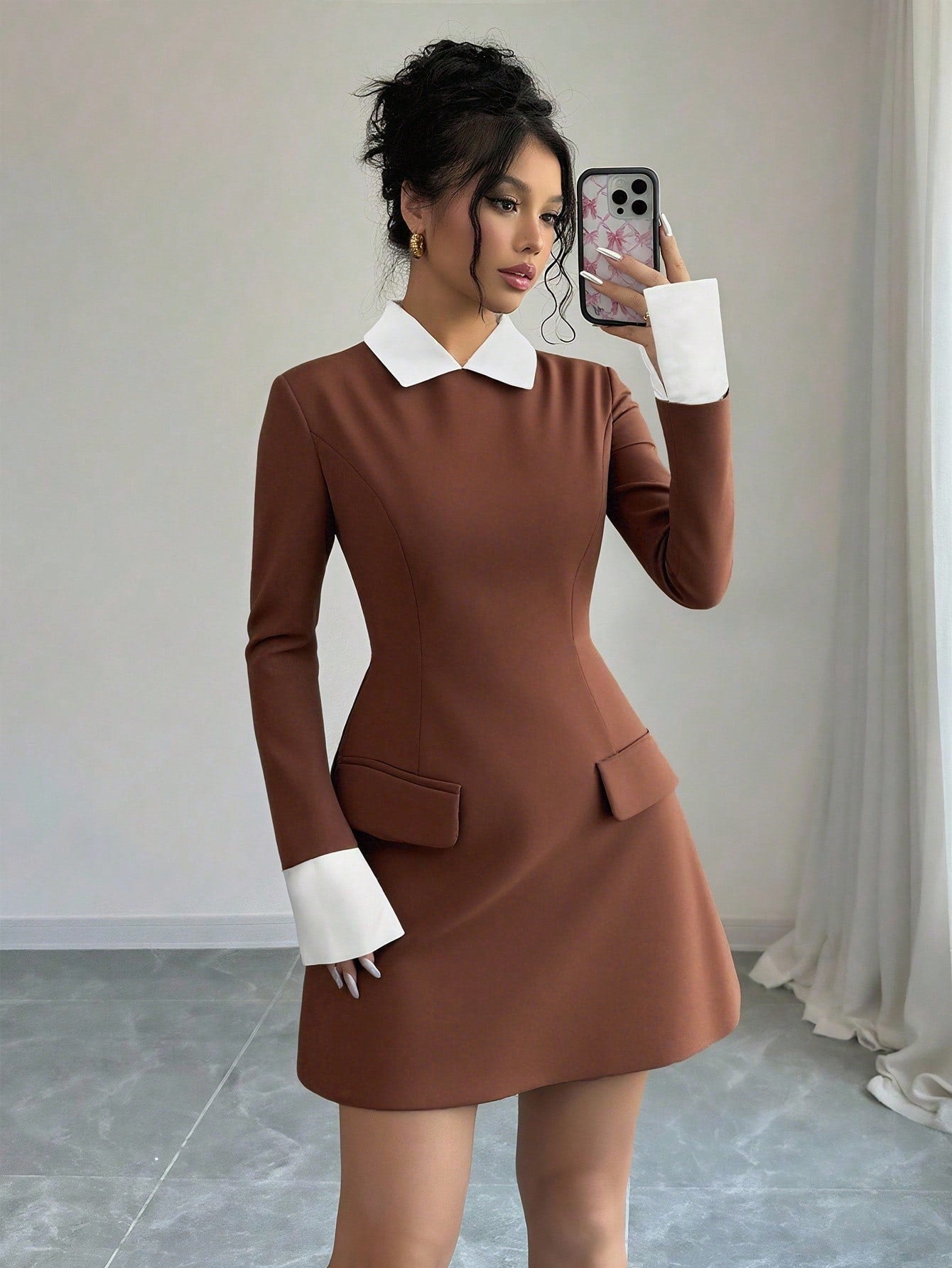 Women’s Woven Fabric Short Dress, Collared Long Sleeve Design with Cuff Detail and Faux Pocket, Color Block Pattern, 1 Piece, For Autumn Wear