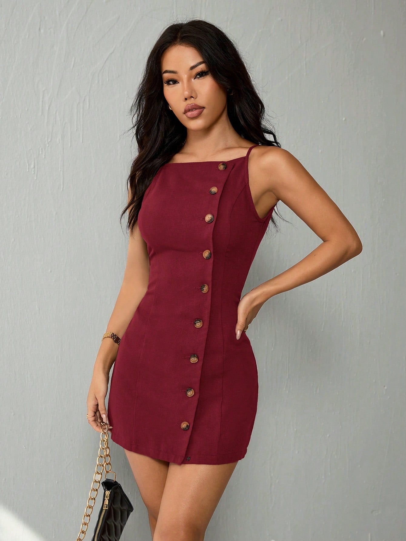 Women’s Woven Fabric Strap Mini Dress, Front Button Design, Solid Pattern, 1 Piece, For Casual and Daily Wear