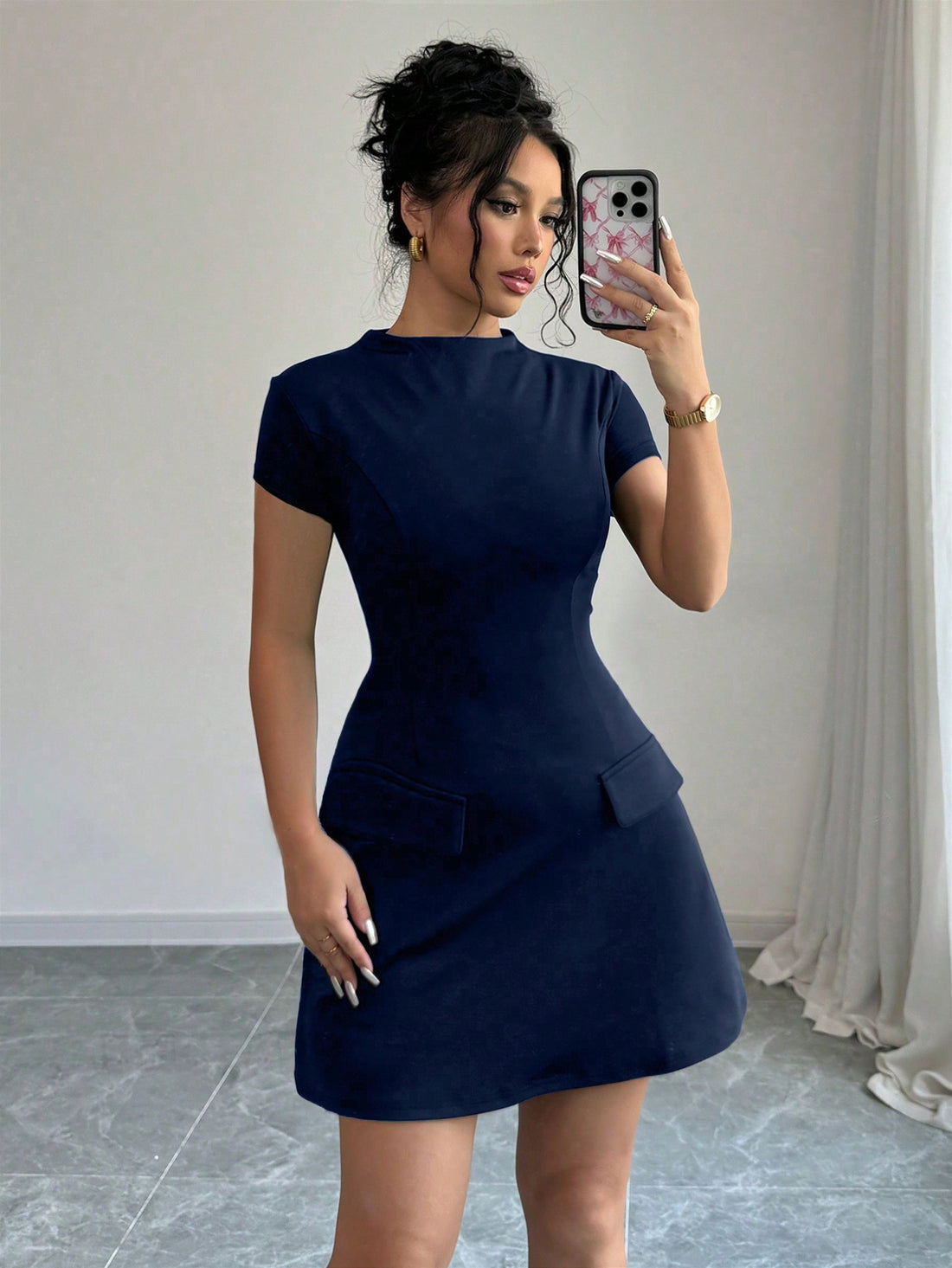 Black Stand Collar Dress with Cinched Waist Pocket Design Flap Detail and Back Zipper Short Length for Everyday Wear