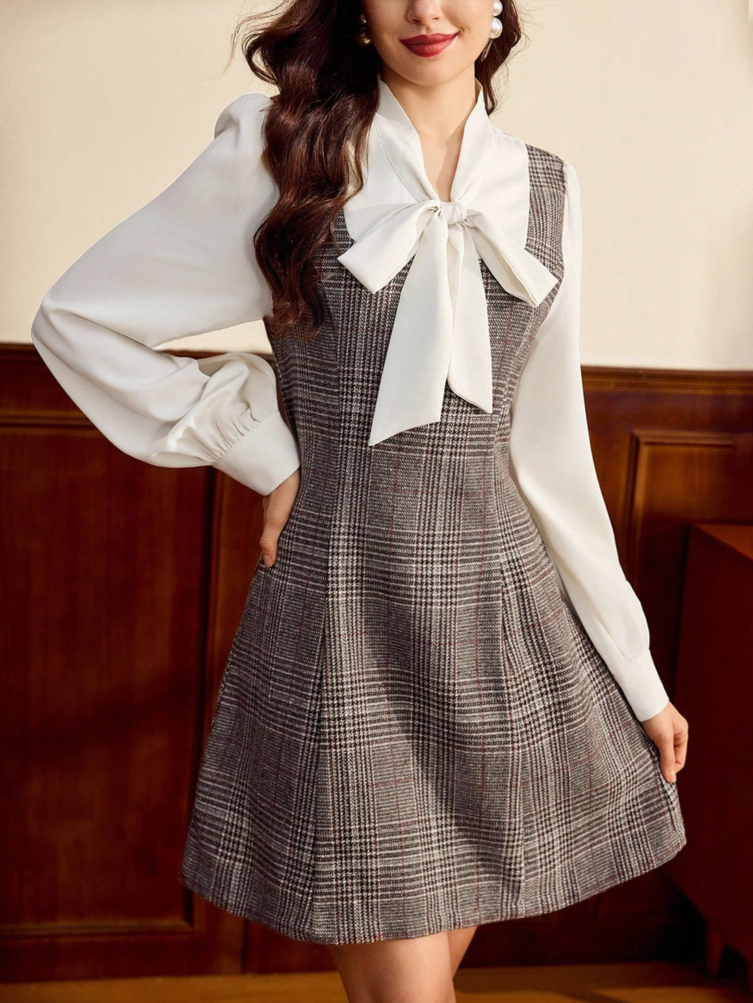 Women’s Woven Fabric Dress, Long Sleeve Collar Design, Plaid Pattern, 2 In 1 Style, 1 Piece, For Autumn and Winter Wear