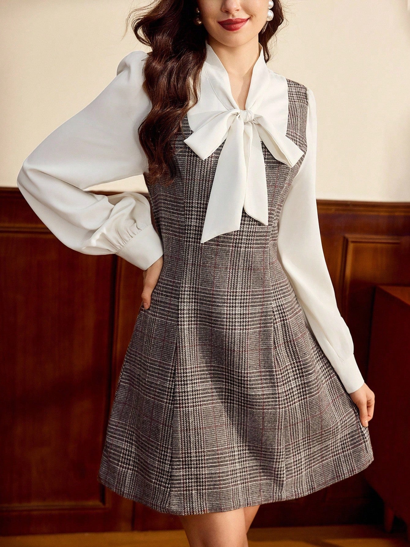 Women’s Woven Fabric Dress, Long Sleeve Collar Design, Plaid Pattern, 2 In 1 Style, 1 Piece, For Autumn and Winter Wear