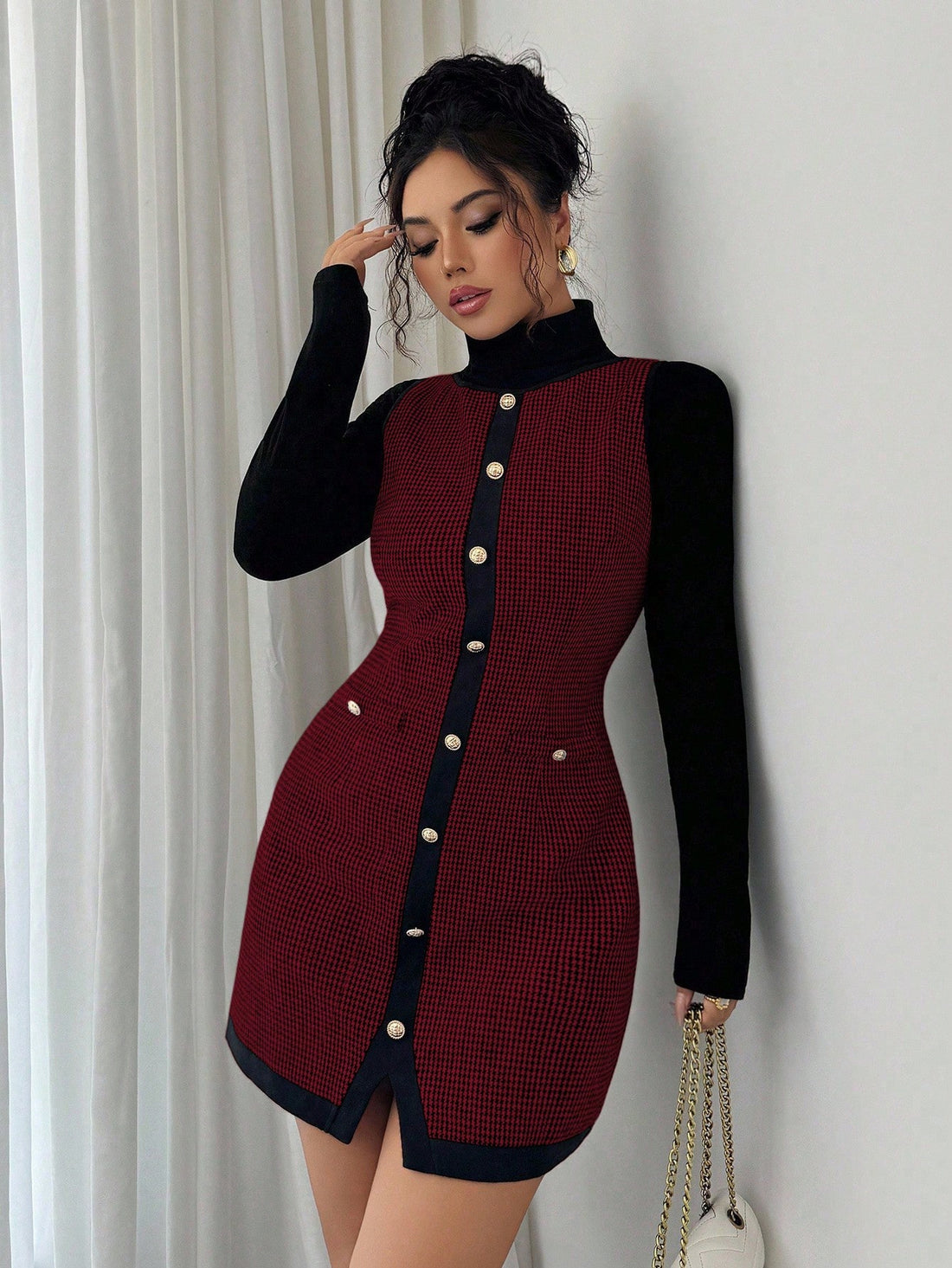 Women’s Wool-Blend Fabric Sleeveless Dress, Round Neck Patchwork Design, 1 Piece, For Office and Daily Wear