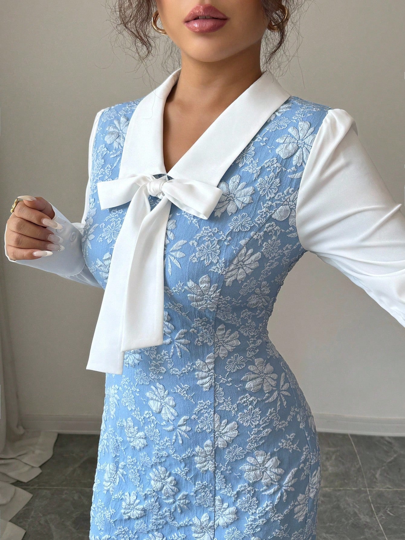 Women’s Woven Fabric Dress, Color Block Patchwork Design with Bow Detail, 2 In 1 Style, 1 Piece, For Daily Wear