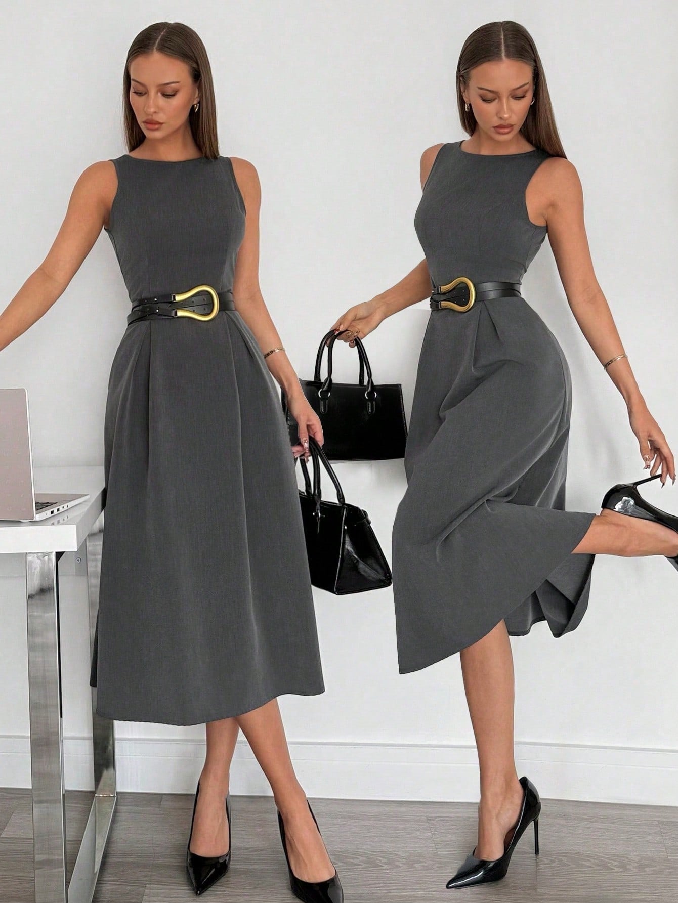Women’s Woven Fabric Midi Dress, Sleeveless A-Line Design with Pocket Detail, 1 Piece, For Business Casual Wear