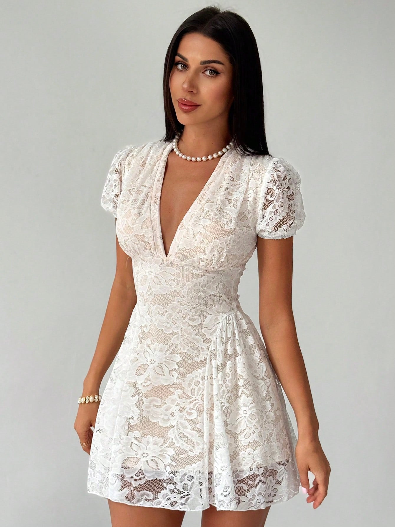 Women’s Woven Fabric Mini Dress, V-Neck Design with Puff Sleeve and Lace Detail, 1 Piece, For Spring and Summer Wear