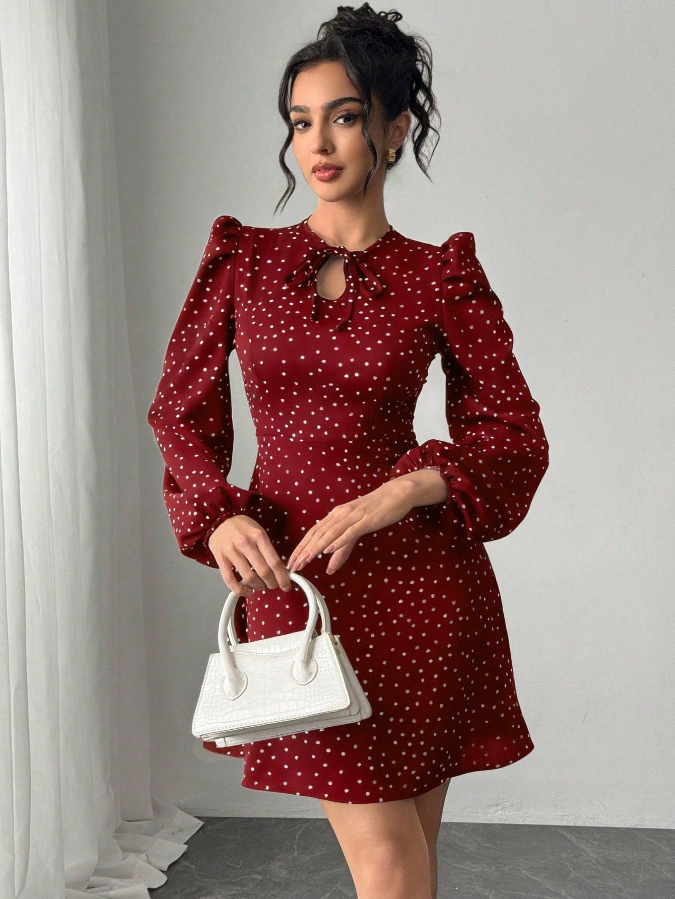 Women’s Woven Fabric Dress, Long Sleeve Design with Bow Detail, Polka Dot Pattern, 1 Piece, For Spring and Autumn Wear