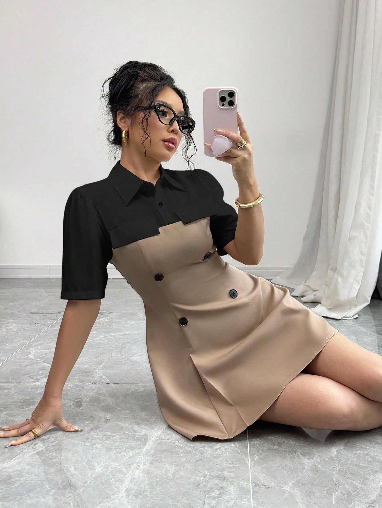 Women’s Woven Fabric Shirt-Style Dress, Short Sleeve Button Front Design, Color Block Detail, 2 In 1 Style, 1 Piece, For Daily Wear
