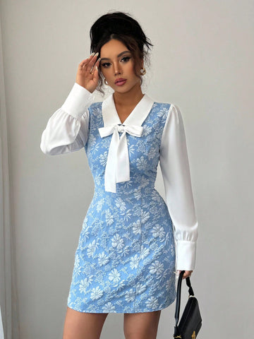 Women’s Woven Fabric Dress, Color Block Patchwork Design with Bow Detail, 2 In 1 Style, 1 Piece, For Daily Wear