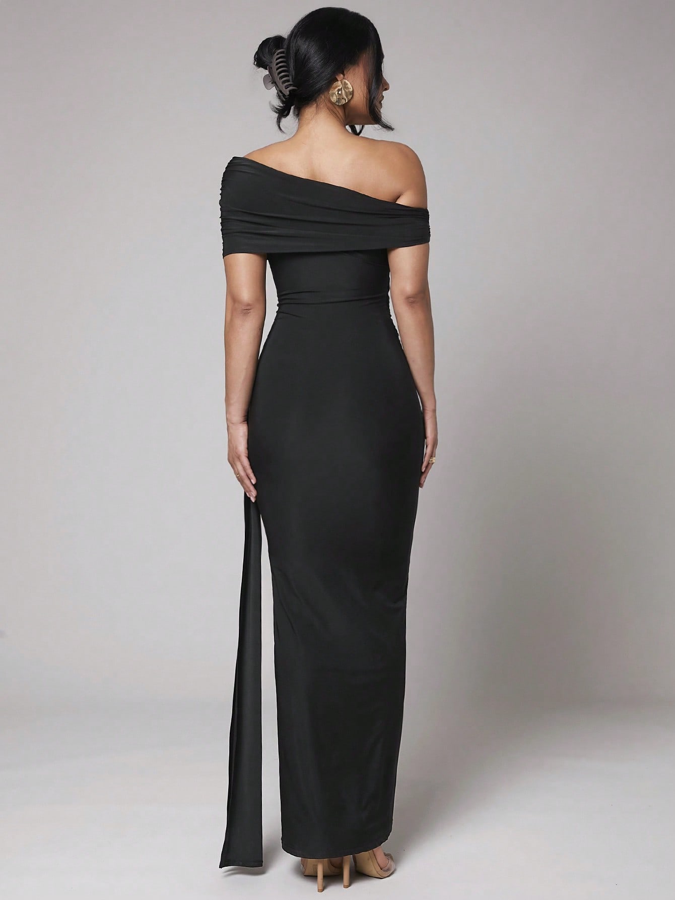 Black Long Asymmetric Ruched Chiffon Maxi Dress for Casual, Formal, Vacation, and Evening Occasions
